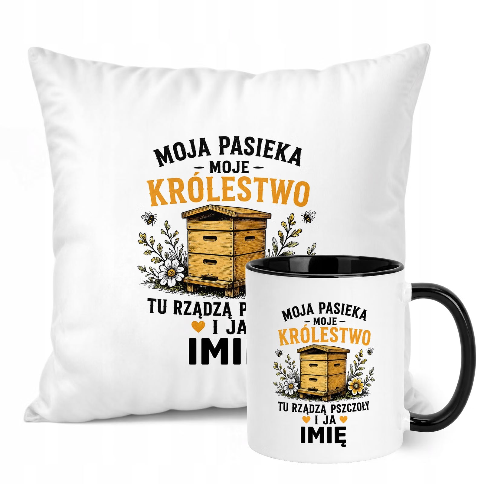 Zestaw Personalizowany Kubek Czarny Poduszka Z Nadrukiem Dla Pszczelarza