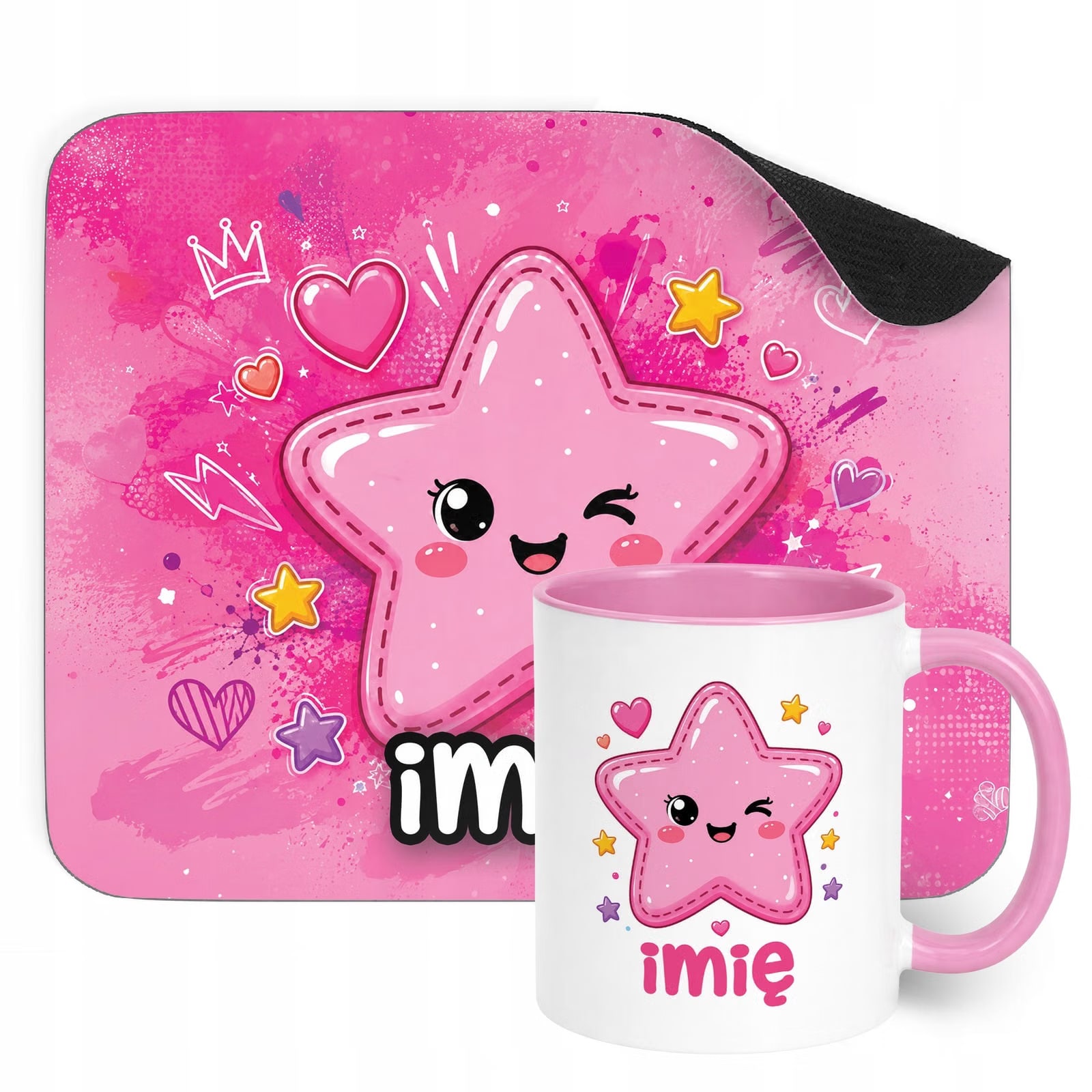 Zestaw personalizowany Kubek Różowy Podkładka pod mysz Kawaii Gwiazdka