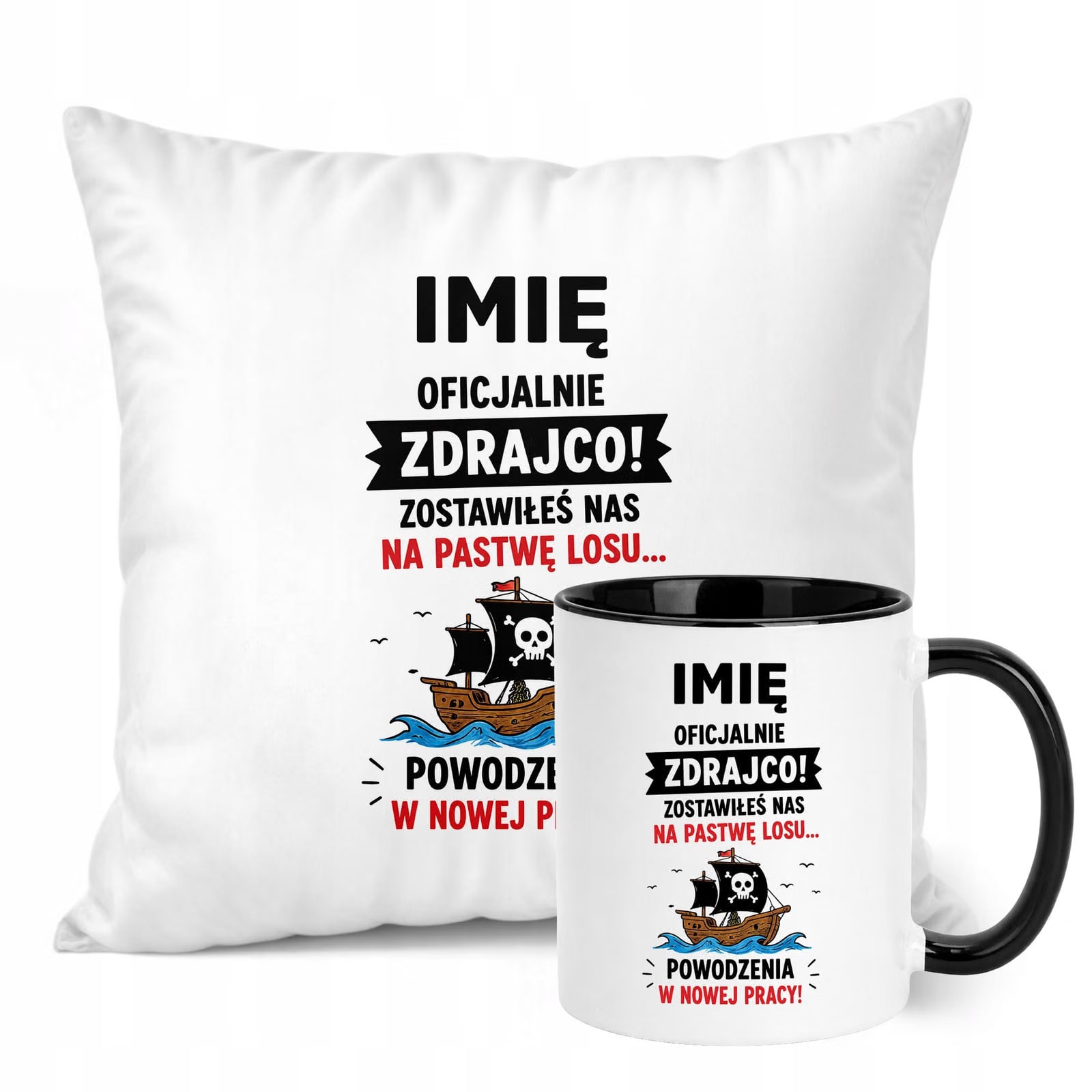 Zestaw Personalizowany Kubek Czarny Poduszka Odejście z Pracy Prezent