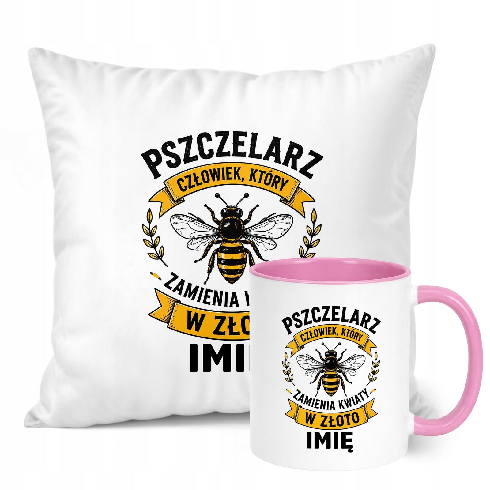 Zestaw Personalizowany Kubek Różowy Poduszka Z Nadrukiem Dla Pszczelarza
