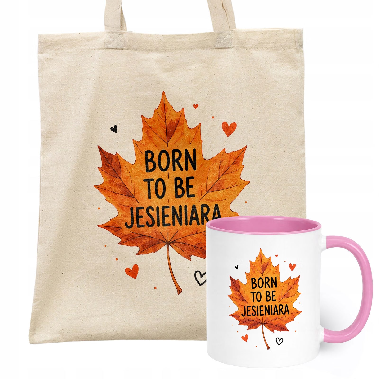 Zestaw Kubek Różowy Torba Shopper Ecru Z Nadrukiem Jesień Jesienny