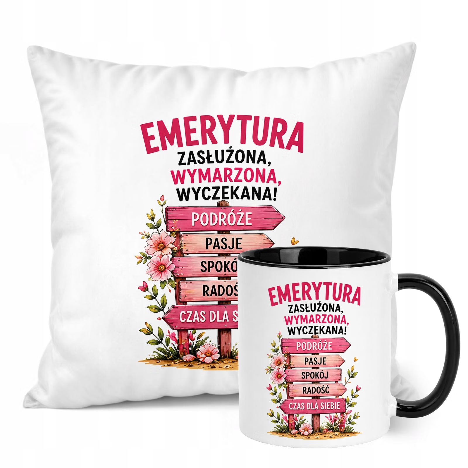 Zestaw Kubek Czarny Poduszka Z Nadrukiem Emerytura Dla Emerytki Prezent
