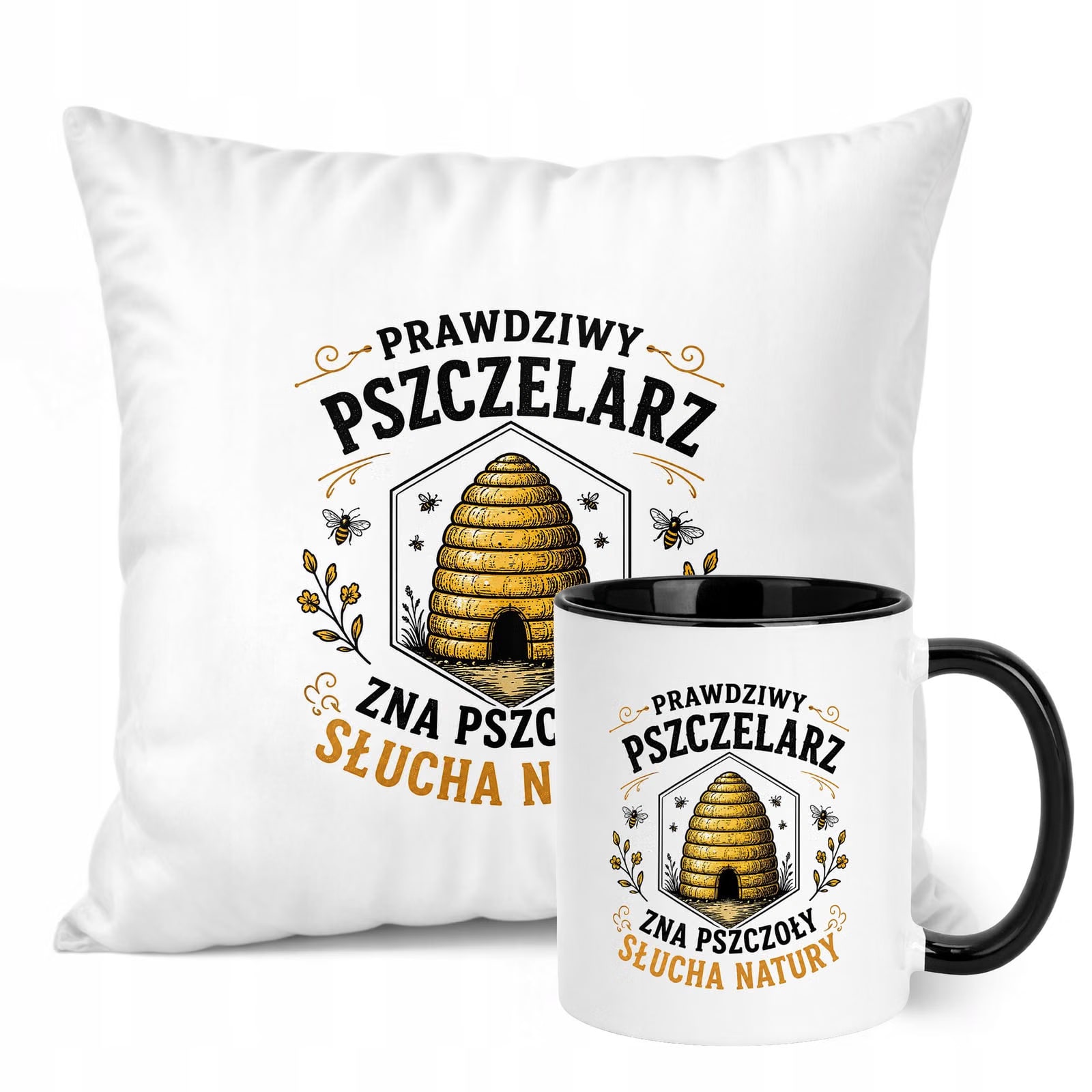 Zestaw Kubek Czarny Poduszka Z Nadrukiem Dla Pszczelarza Prezent