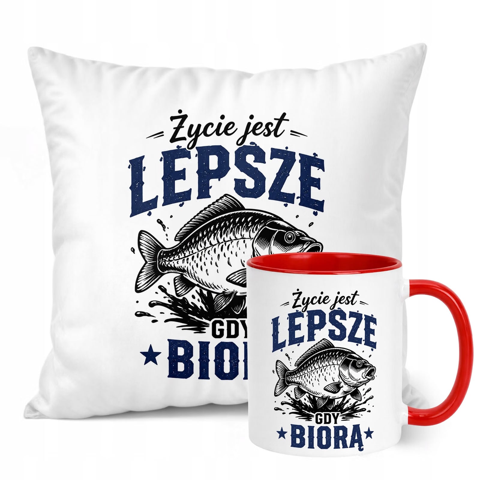 Zestaw Kubek Czerwony Poduszka Z Nadrukiem Dla Wędkarza Prezent