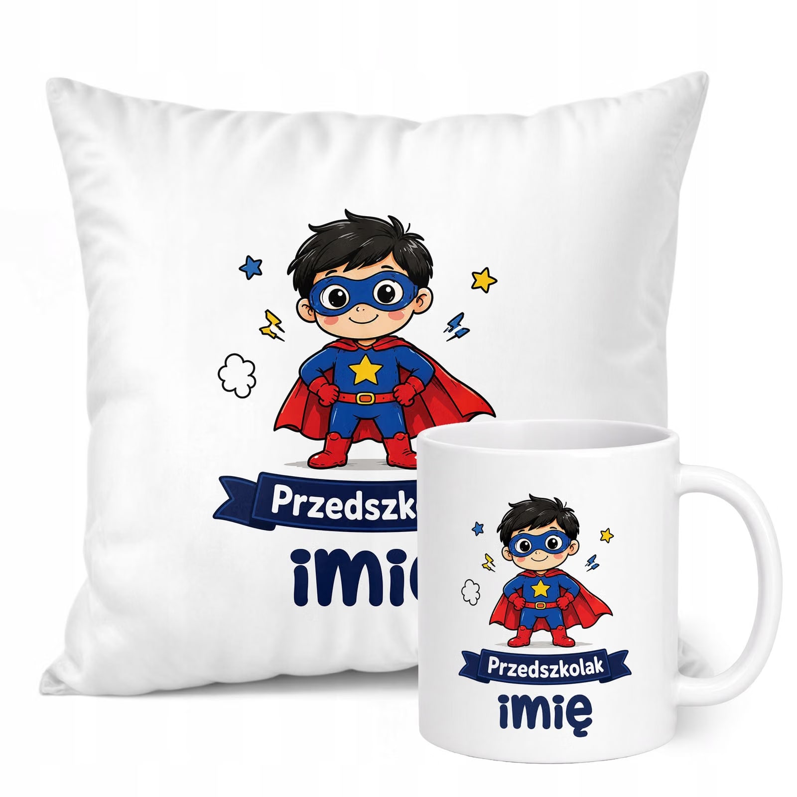 Zestaw Personalizowany Kubek Biały Poduszka Przedszkolak