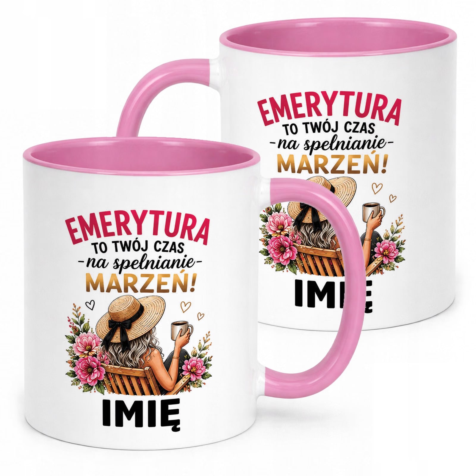 Kubek Różowy Personalizowany z Nadrukiem Emerytura Dla Emerytki Prezent