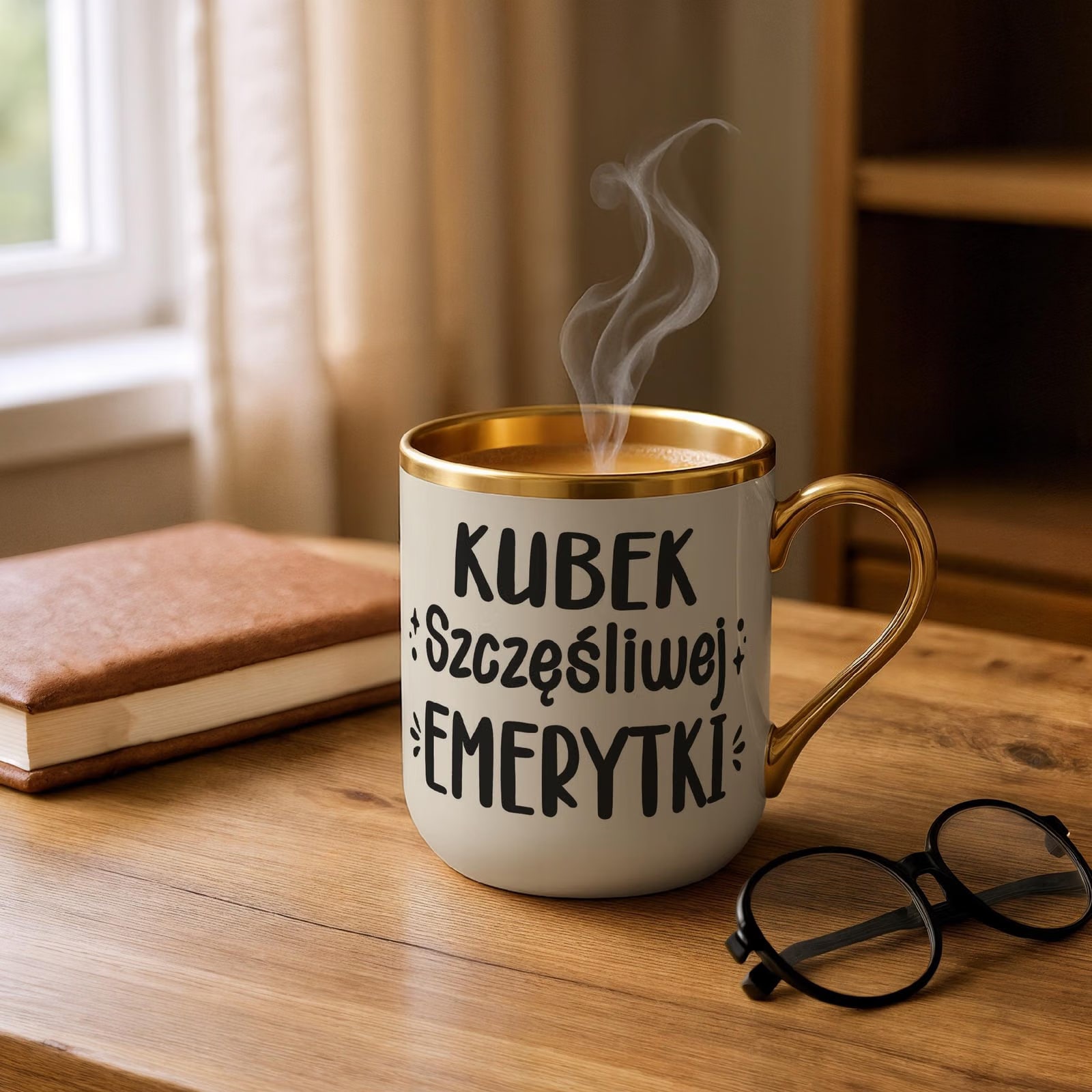 Kubek Premium Złoty Ecru Z okazji Emerytury Dla Emerytki Prezent