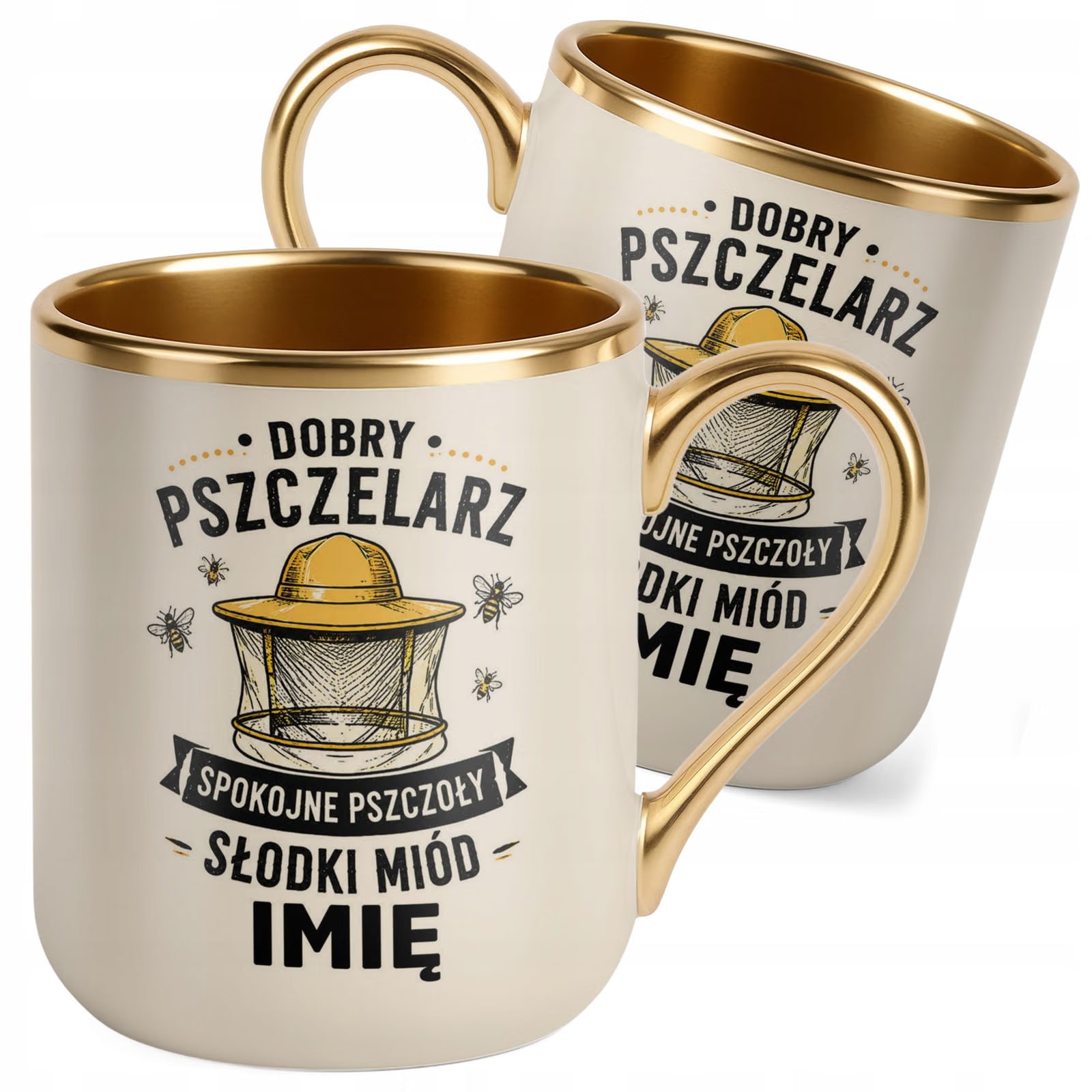 Kubek Personalizowany z nadrukiem Premium Złoty Ecru Dla Pszczelarza