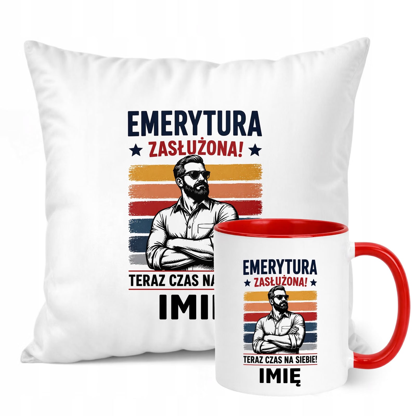 Zestaw Personalizowany Kubek Czerwony Poduszka Emerytura Upominek Prezent