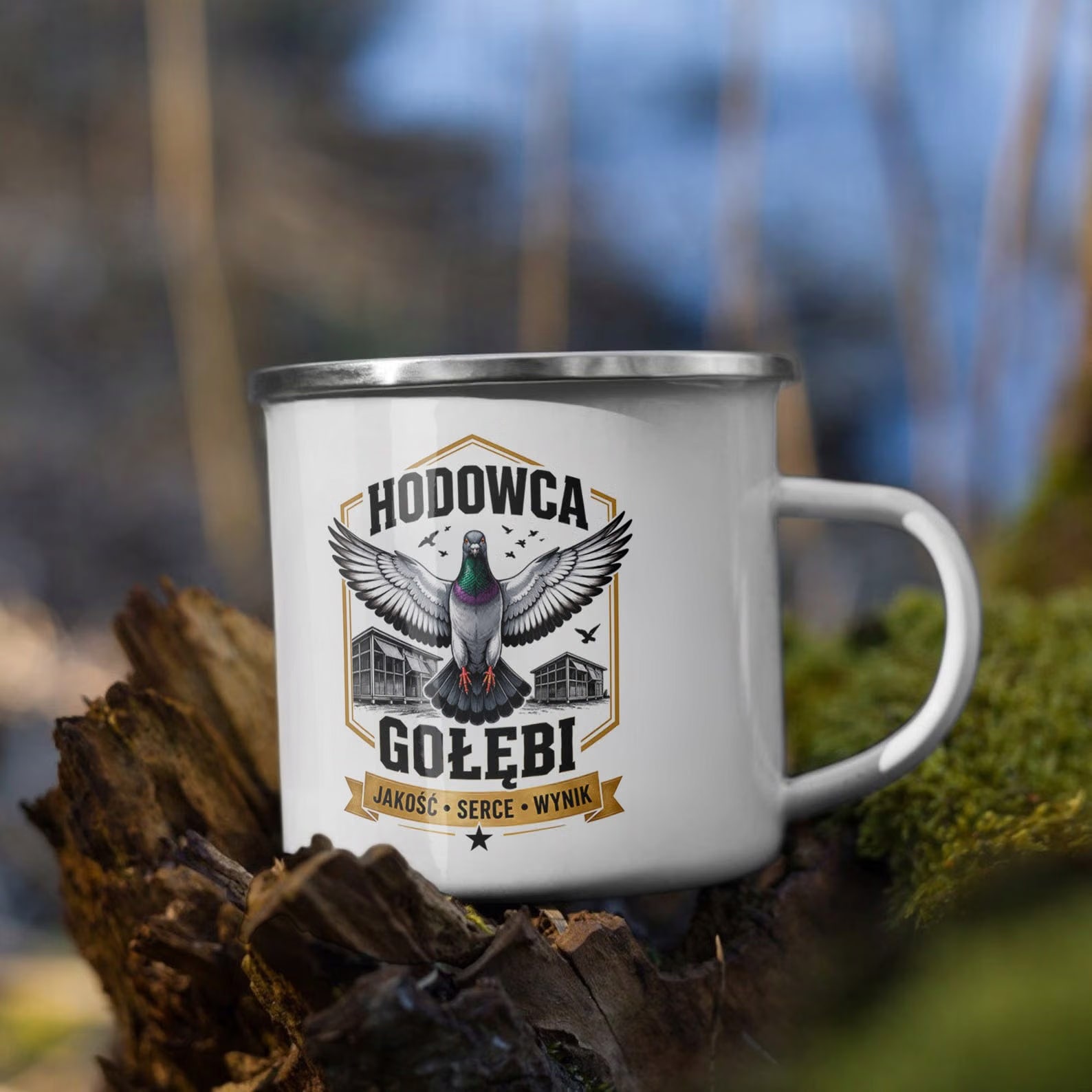 Kubek Emaliowany Dla Hodowcy Gołębi z Nadrukiem Biały Metalowy Prezent
