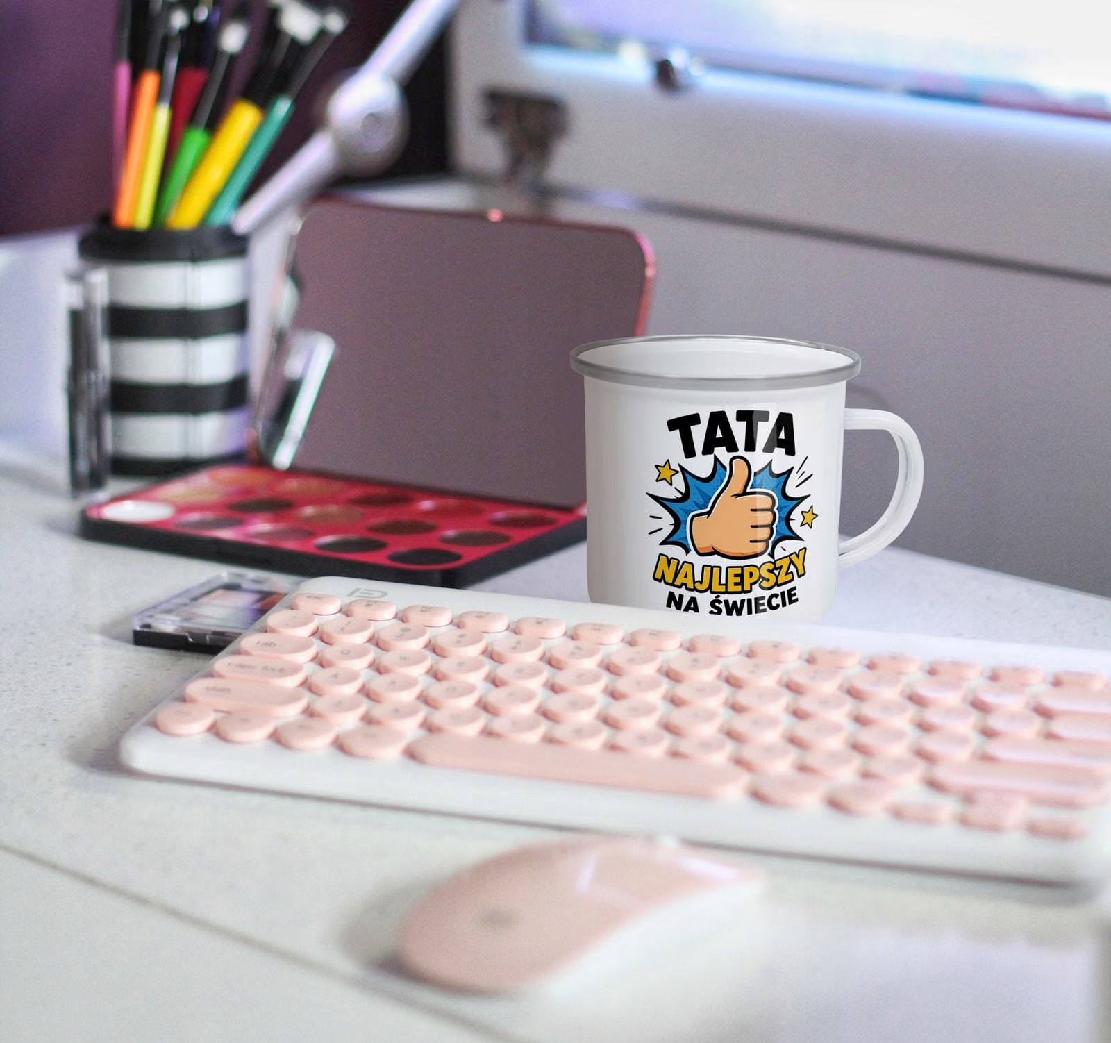 Kubek Emaliowany prezent Dzień Ojca dla taty z Nadrukiem Biały Metalowy