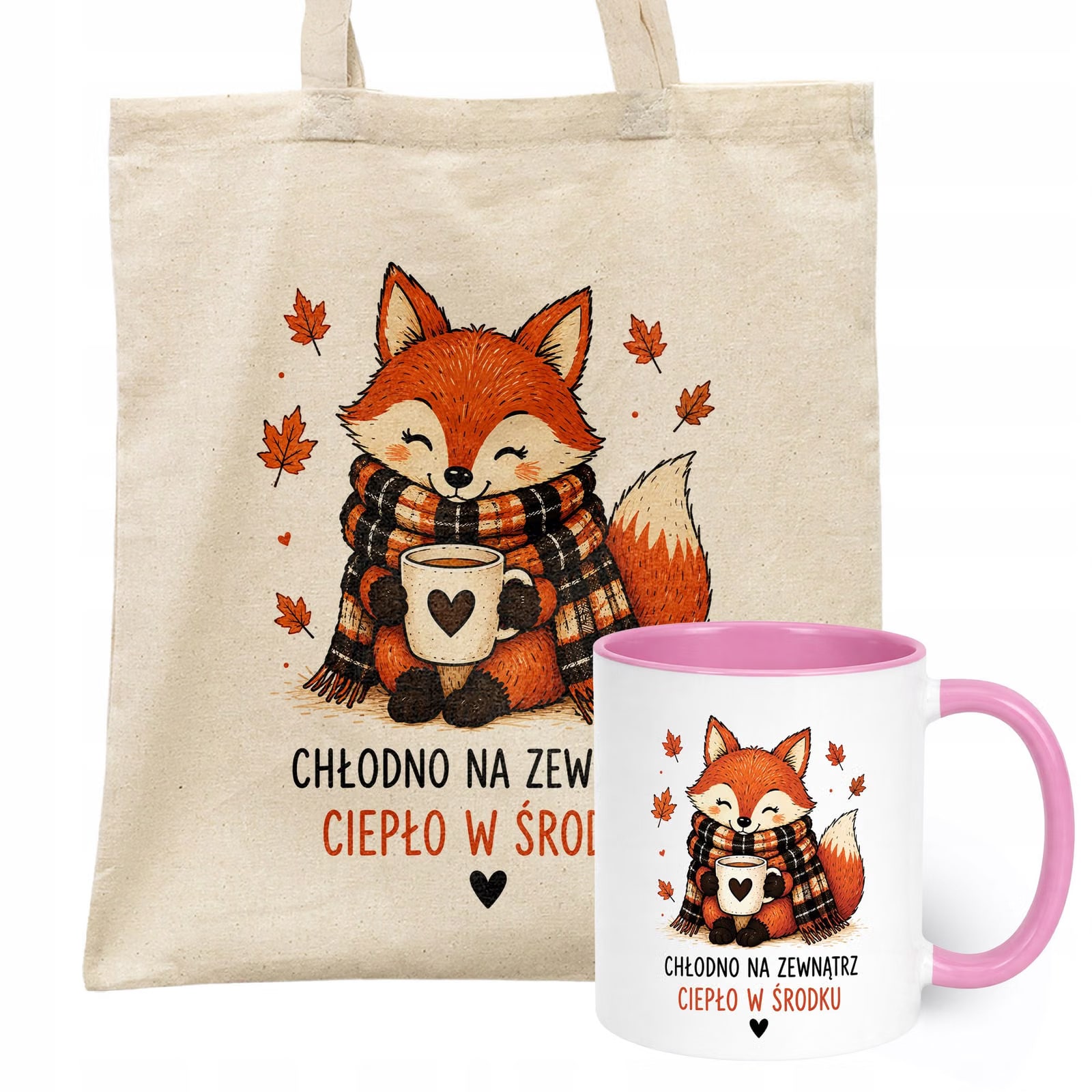 Zestaw Kubek Różowy Torba Shopper Ecru Z Nadrukiem Jesień Jesienny