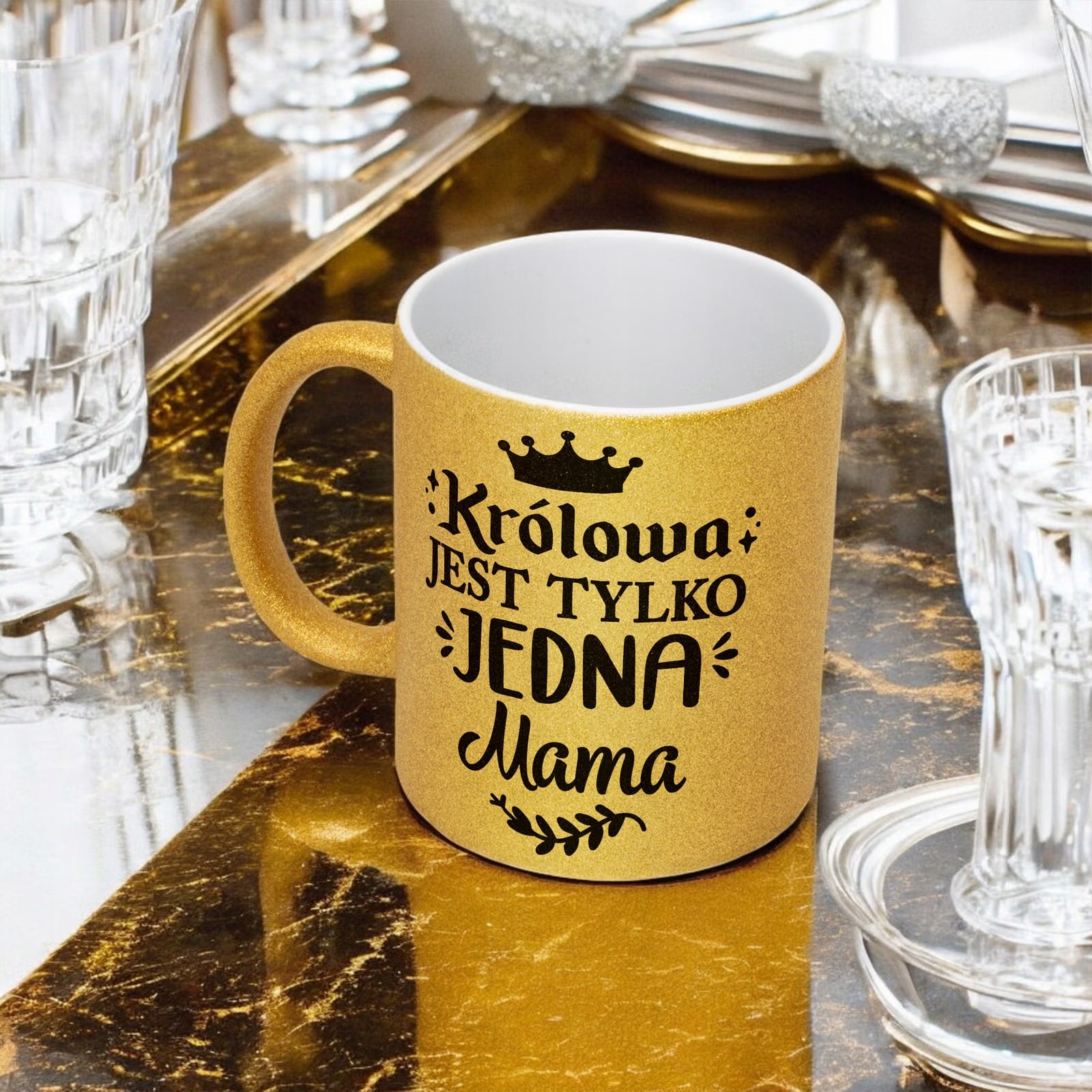 Złoty kubek brokatowy Dzień Matki Dla Mamy Królowa Jest Tylko Jedna