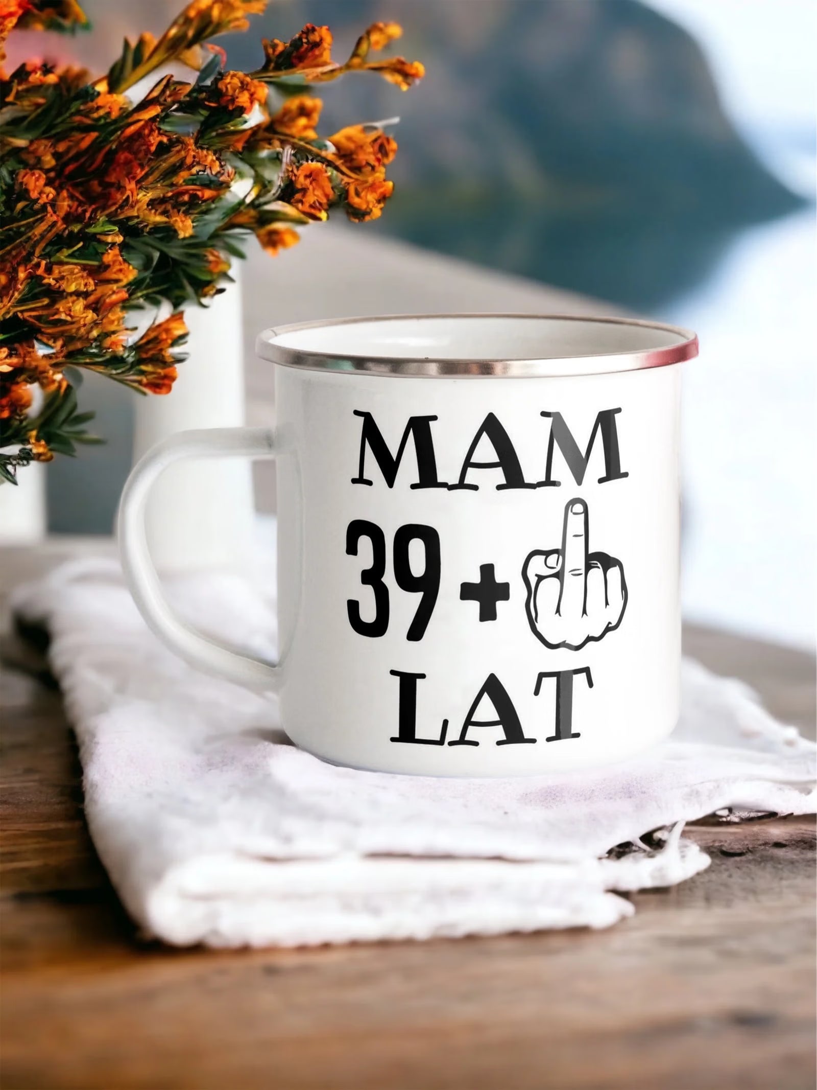 Kubek Emaliowany Urodziny Mam 40 Lat Zabawny z Nadrukiem Biały Metalowy