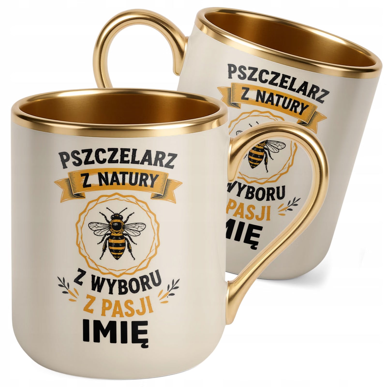 Kubek Personalizowany z nadrukiem Premium Złoty Ecru Dla Pszczelarza