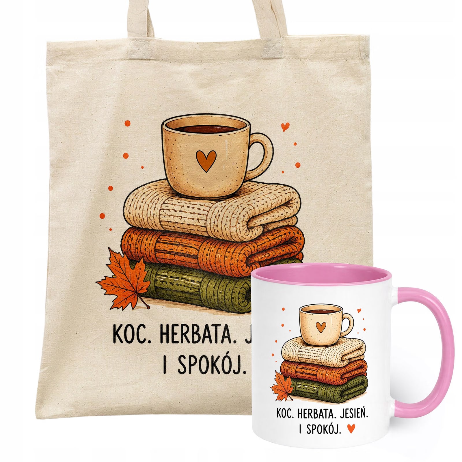 Zestaw Kubek Różowy Torba Shopper Ecru Z Nadrukiem Jesień Jesienny