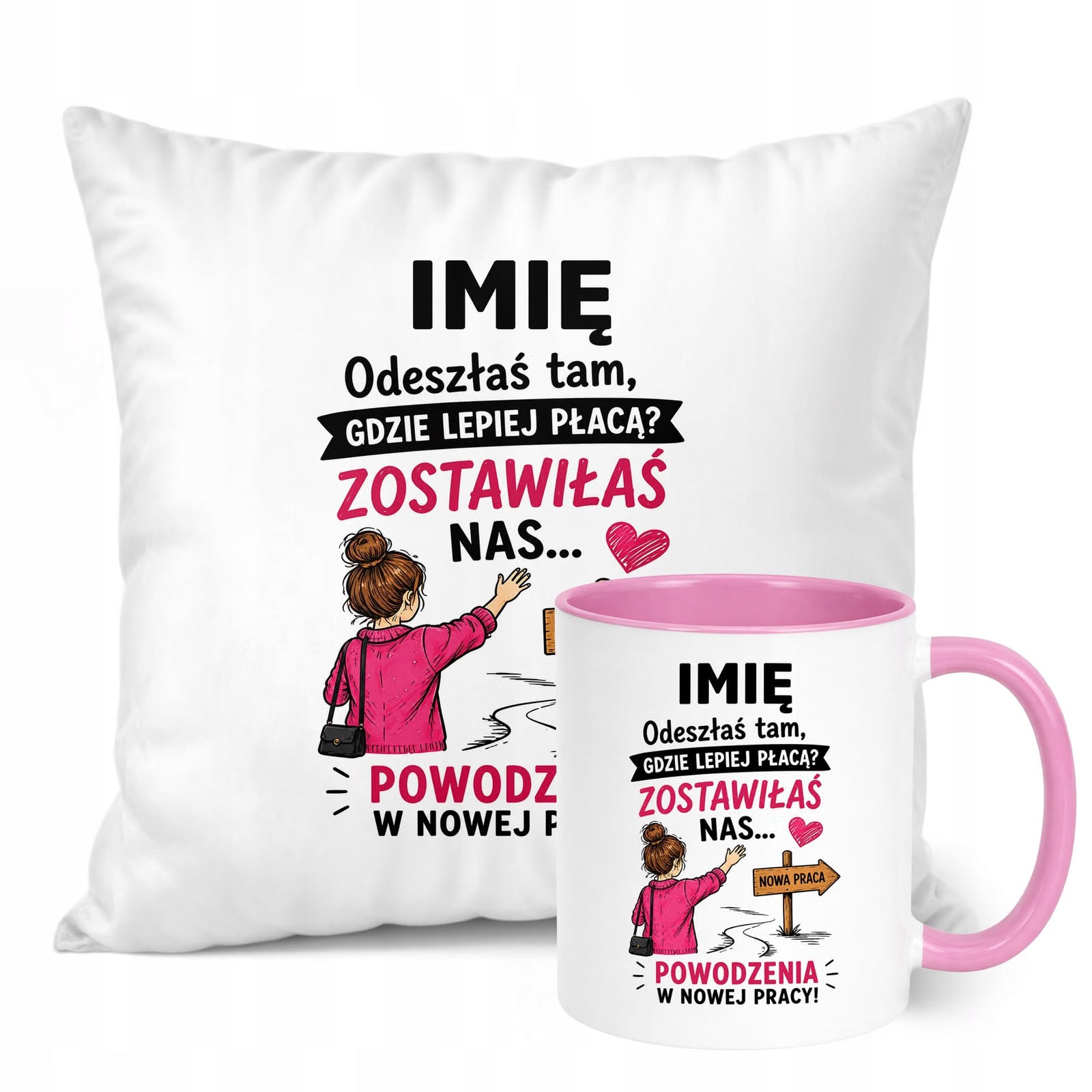 Zestaw Personalizowany Kubek Różowy Poduszka Odejście z Pracy Prezent