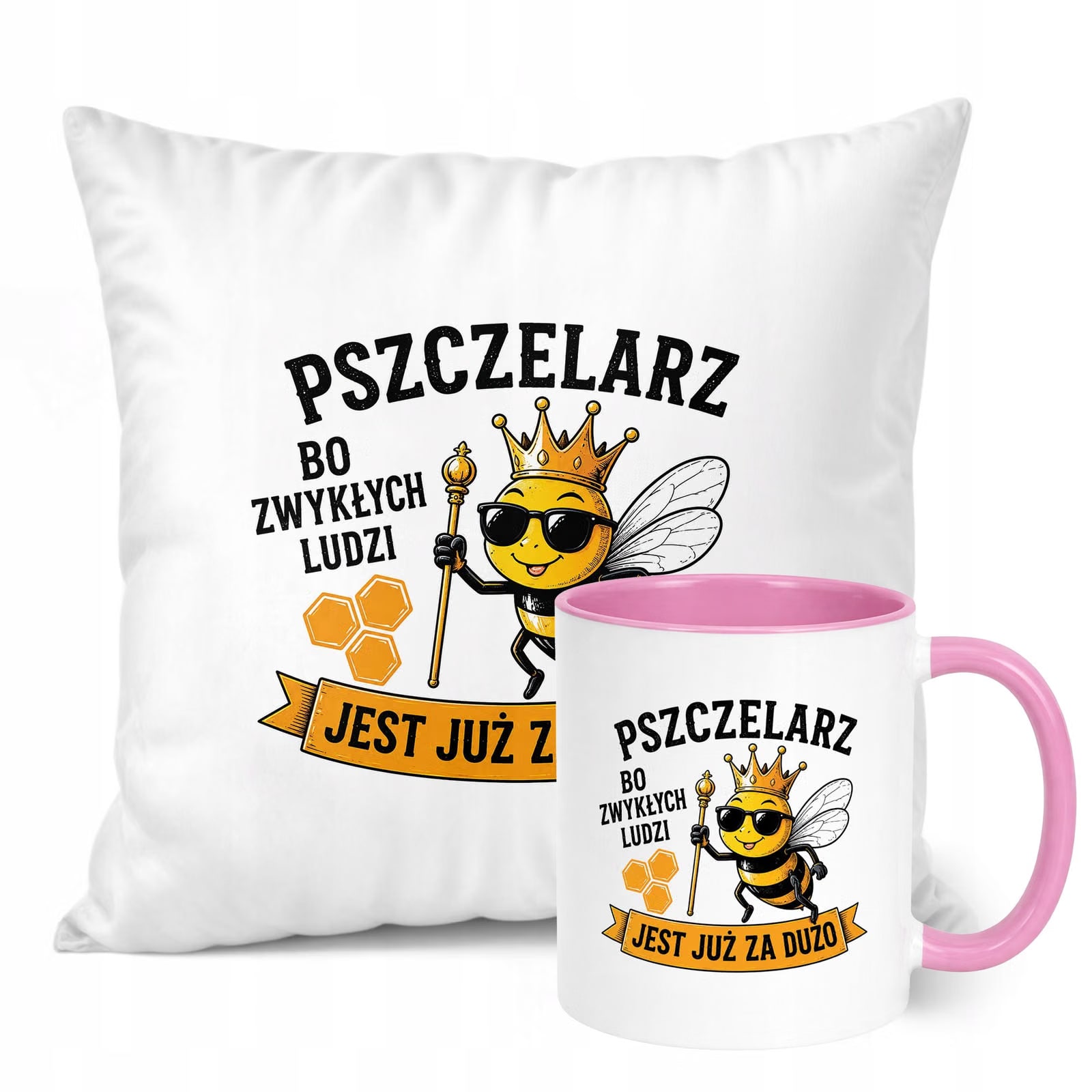 Zestaw Kubek Różowy Poduszka Z Nadrukiem Dla Pszczelarza Prezent