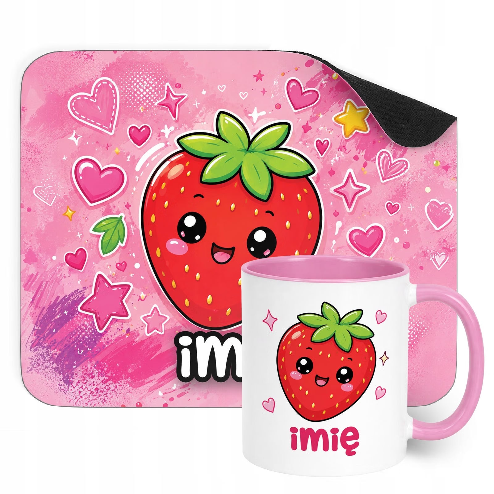 Zestaw personalizowany Kubek Różowy Podkładka pod mysz Kawaii Truskawka