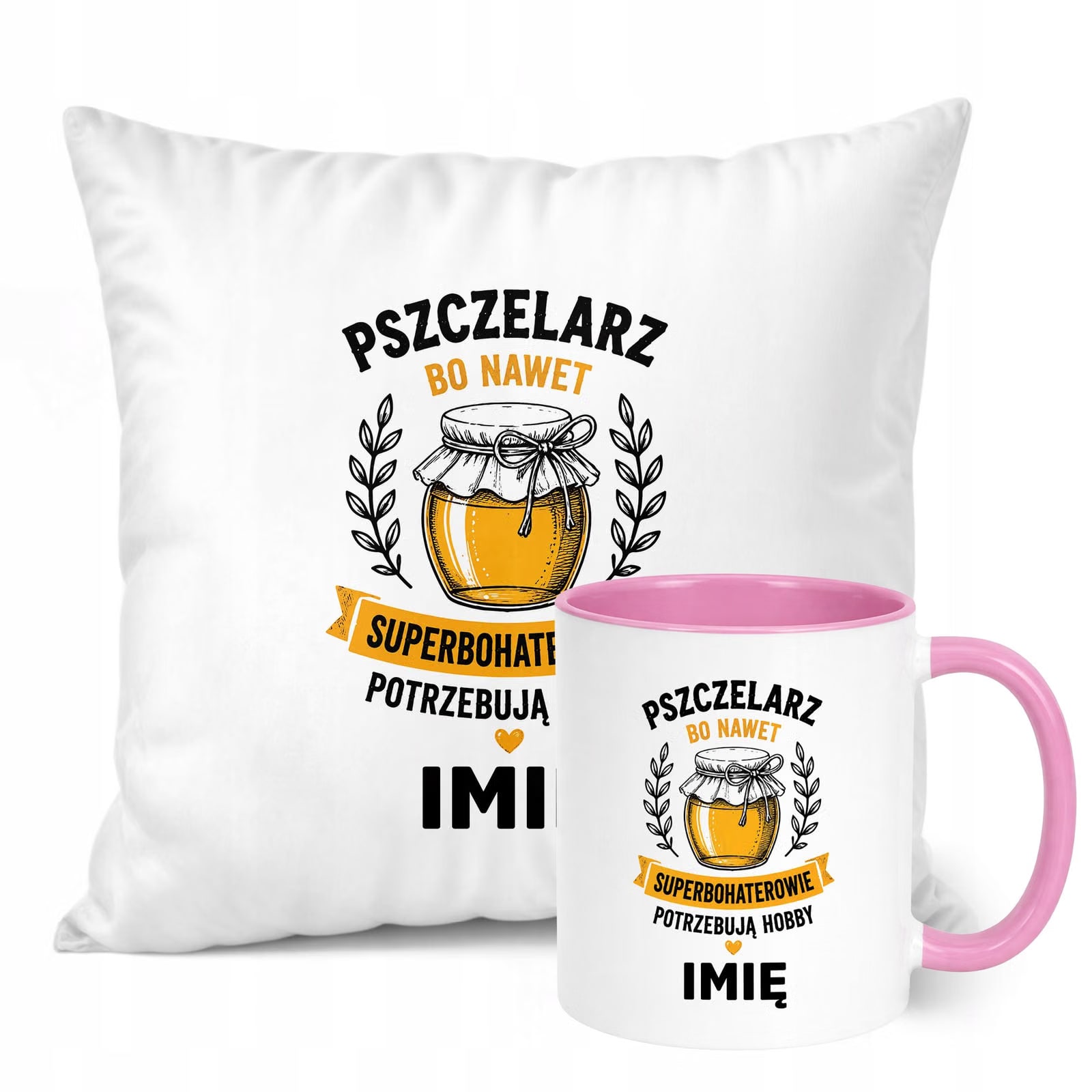 Zestaw Personalizowany Kubek Różowy Poduszka Z Nadrukiem Dla Pszczelarza