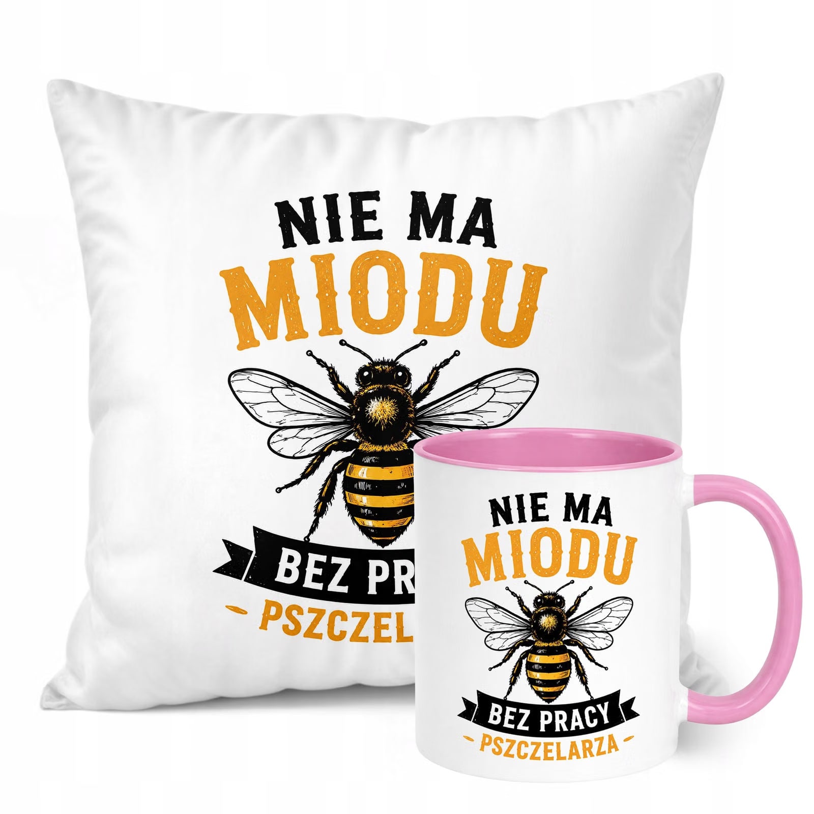 Zestaw Kubek Różowy Poduszka Z Nadrukiem Dla Pszczelarza Prezent