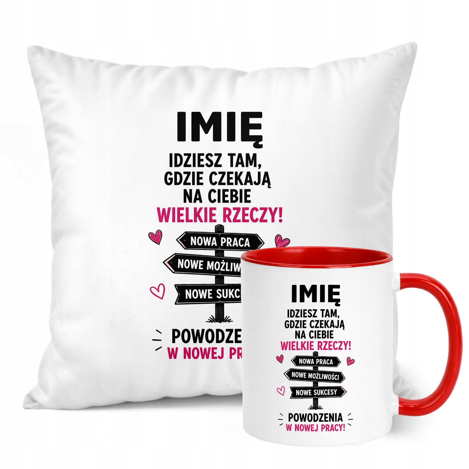Zestaw Personalizowany Kubek Czerwony Poduszka Odejście z Pracy Prezent