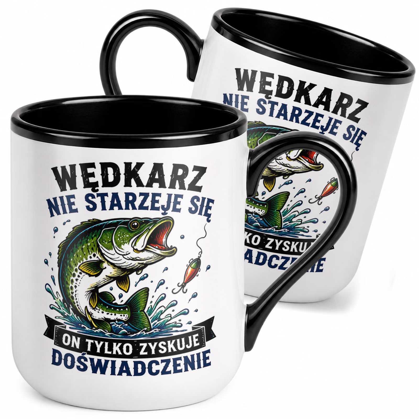 Kubek z nadrukiem Premium Czarny Dla Wędkarza Rybaka Upominek Prezent