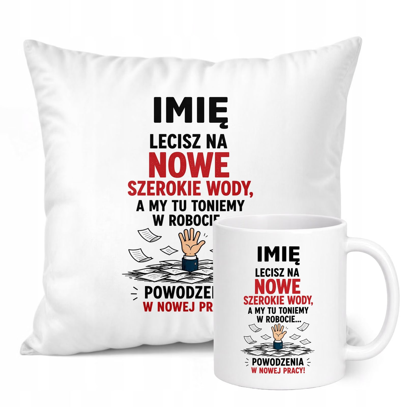 Zestaw Personalizowany Kubek Biały Poduszka Odejście z Pracy Prezent