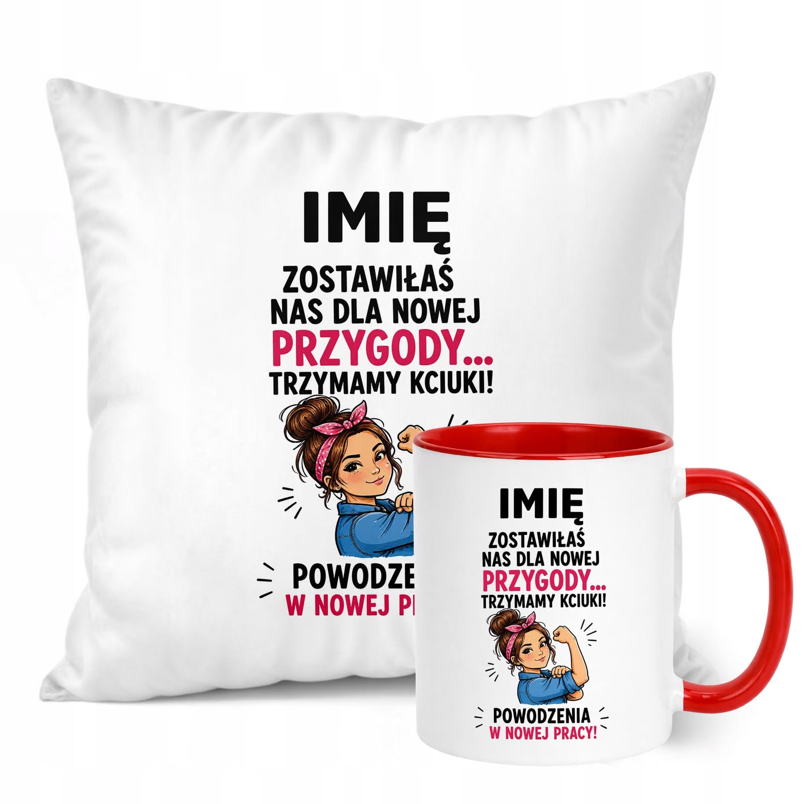 Zestaw Personalizowany Kubek Czerwony Poduszka Odejście z Pracy Prezent