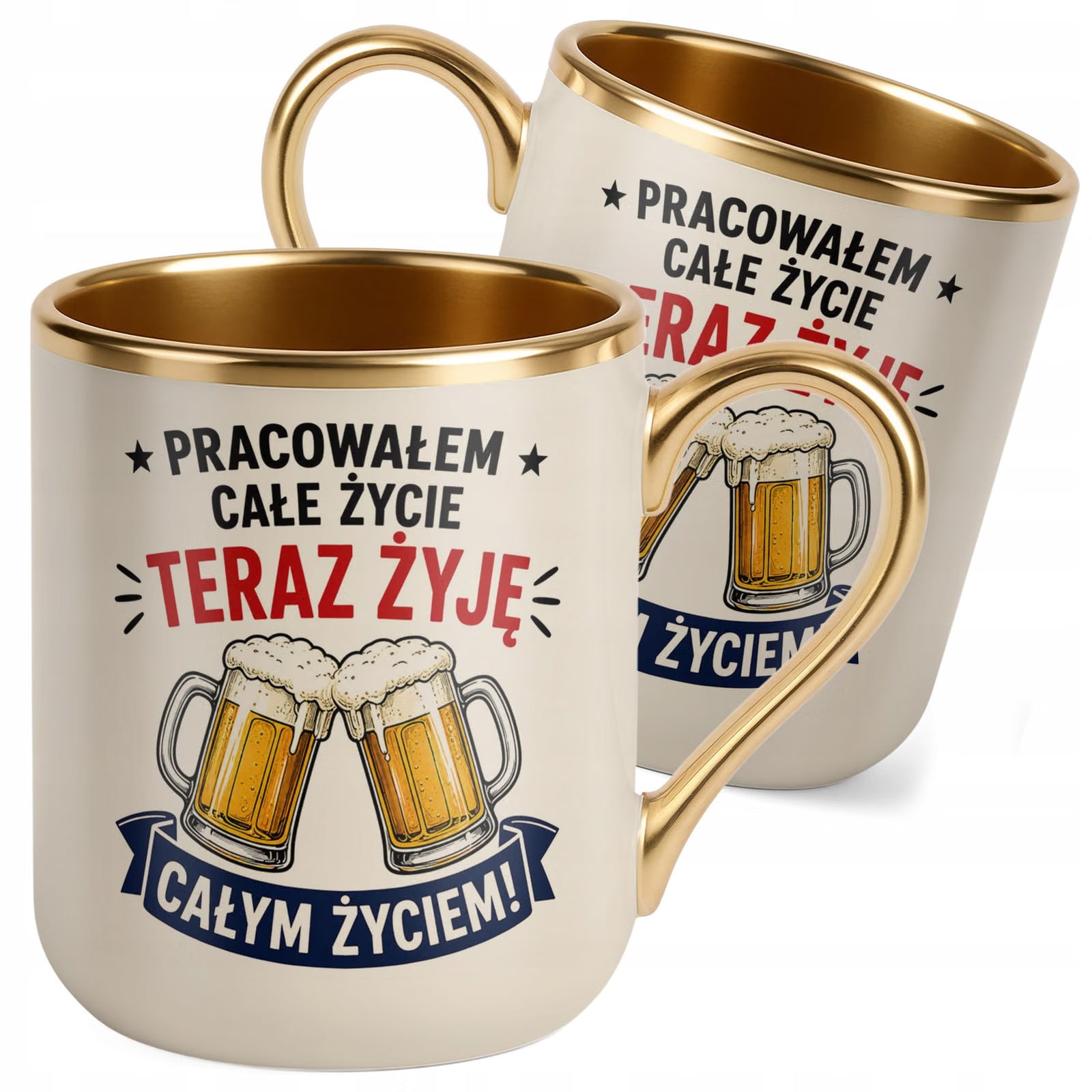 Kubek z nadrukiem Premium Złoty Ecru Emerytura Dla Emeryta Prezent