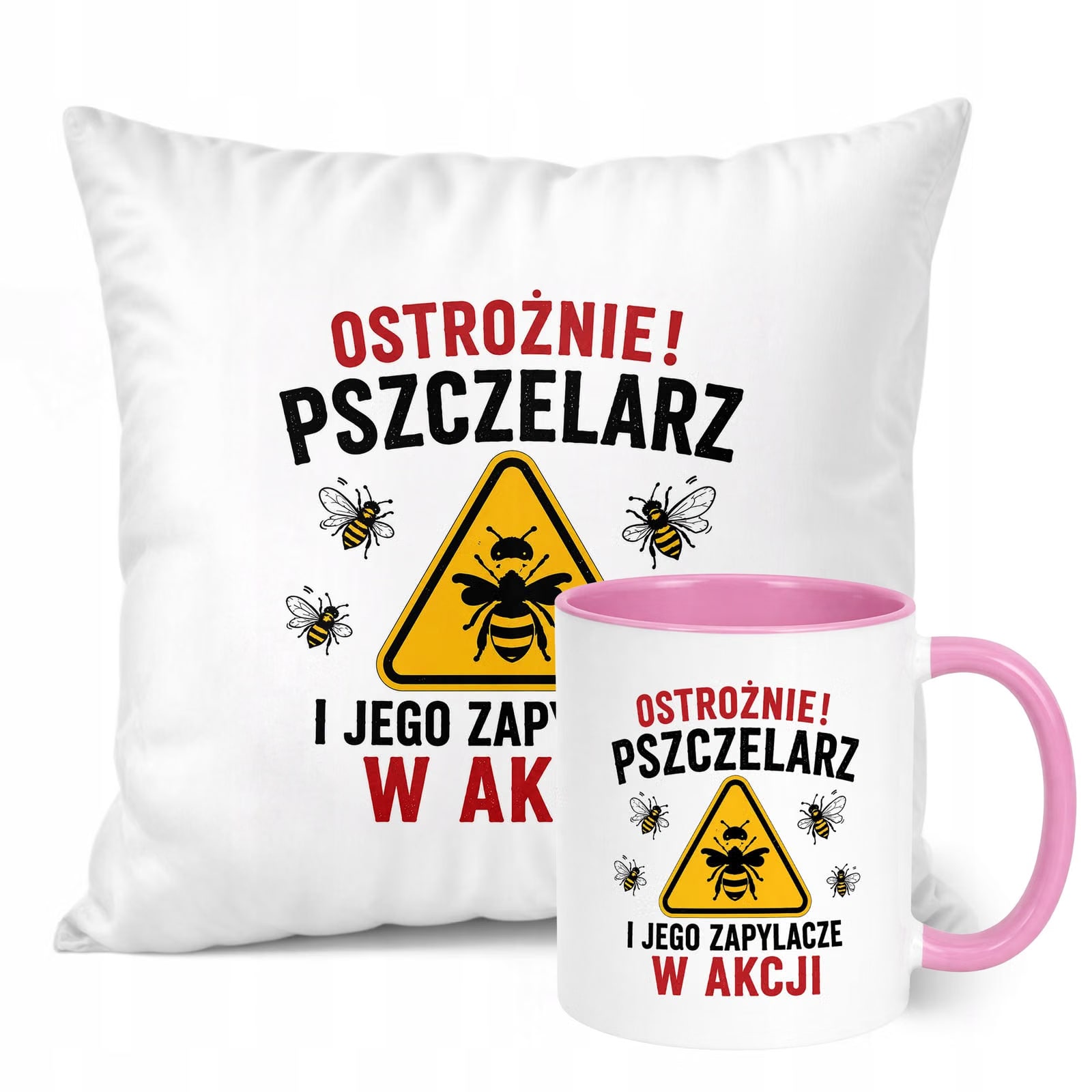 Zestaw Kubek Różowy Poduszka Z Nadrukiem Dla Pszczelarza Prezent