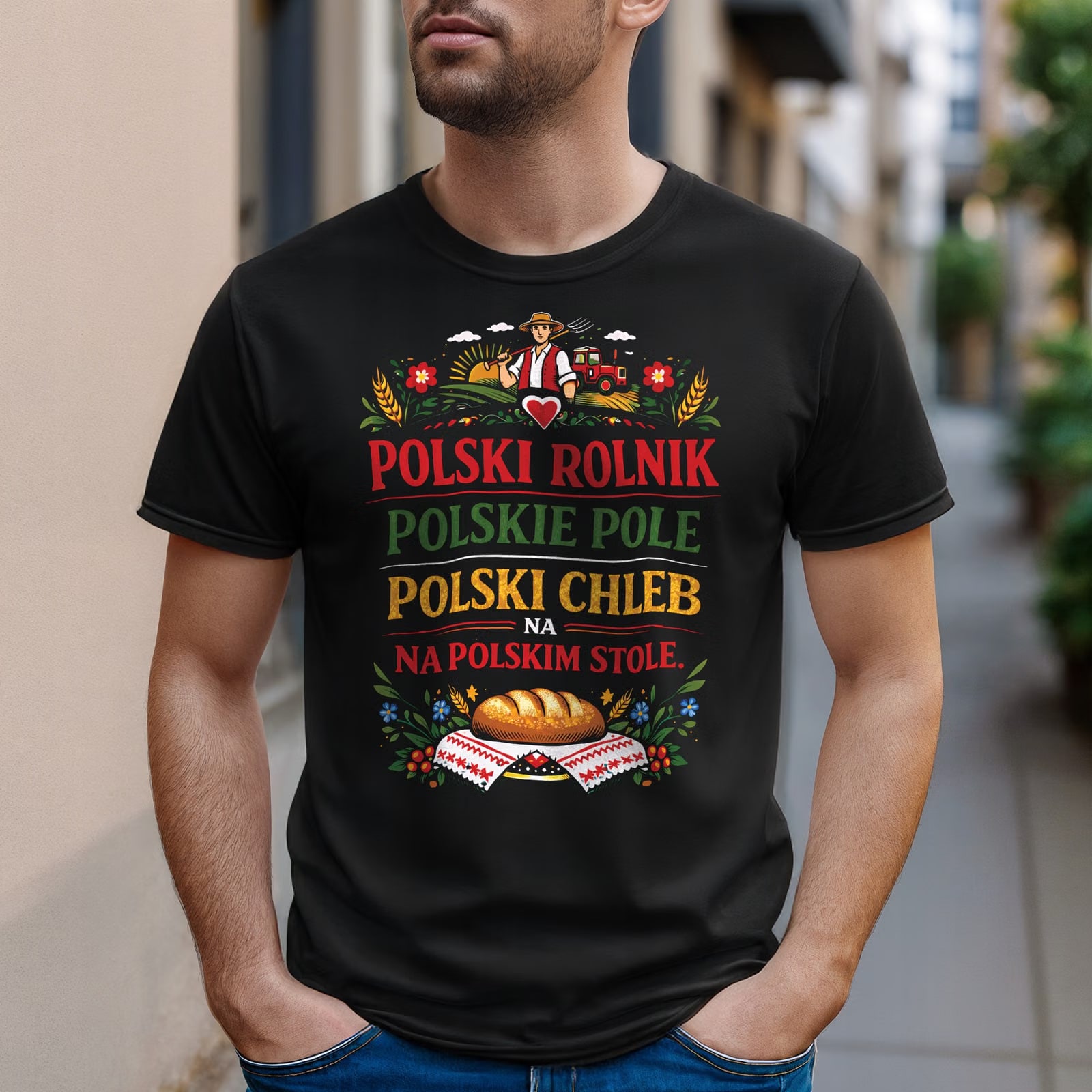 Koszulka czarna męska Polski Rolnik Polskie Pole Chleb na stole r. 3XL