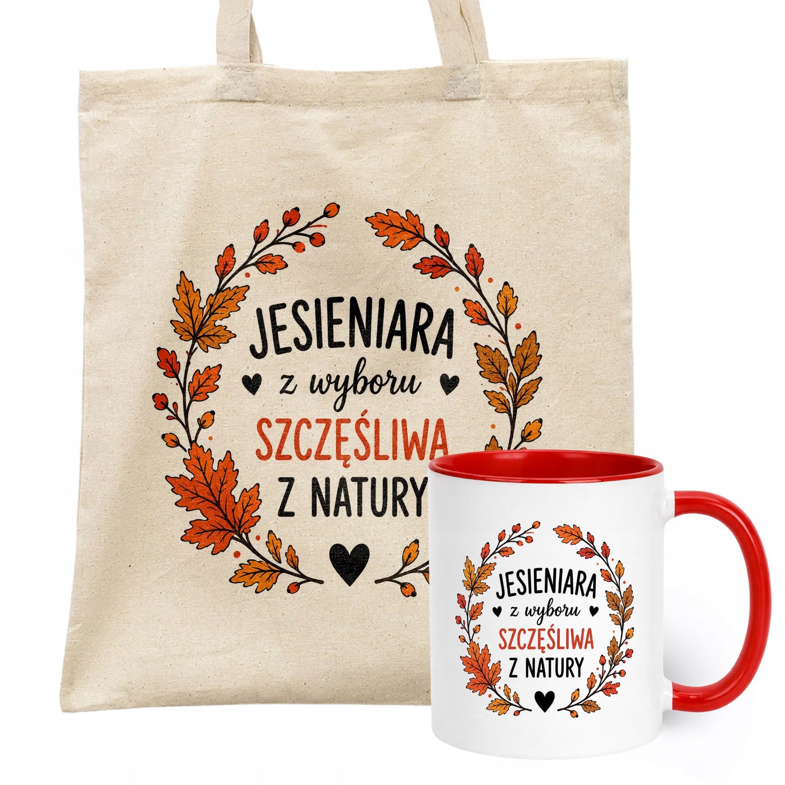 Zestaw Kubek Czerwony Torba Shopper Ecru Z Nadrukiem Jesień Jesienny