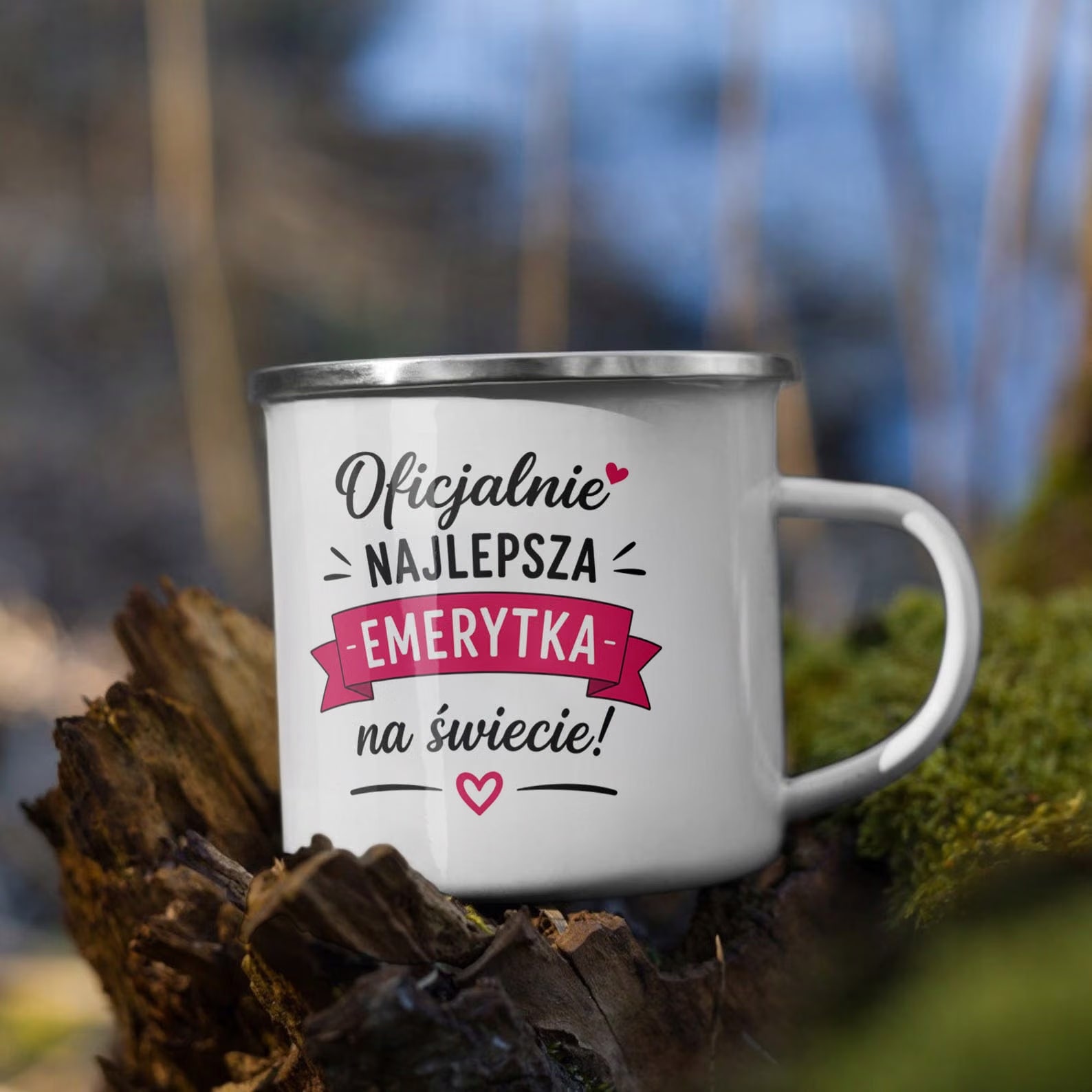 Kubek Emaliowany Emerytura Dla Emerytki z Nadrukiem Biały Metalowy Prezent
