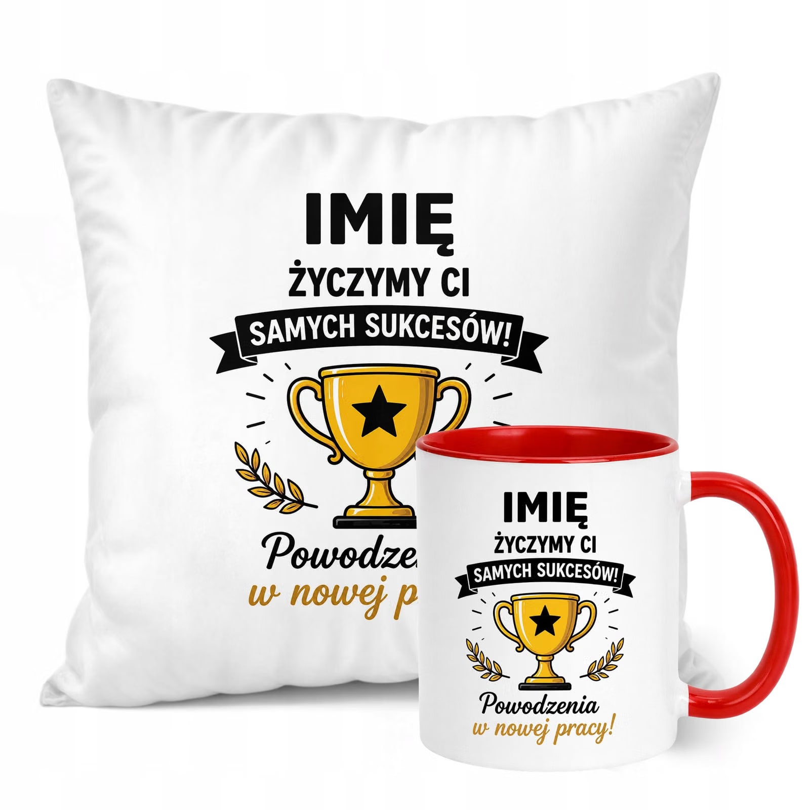 Zestaw Personalizowany Kubek Czerwony Poduszka Odejście z Pracy Prezent