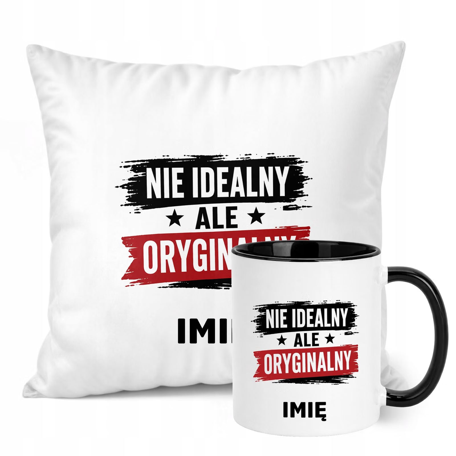Zestaw Personalizowany Kubek Czarny Poduszka Dzień Chłopaka Z Nadrukiem