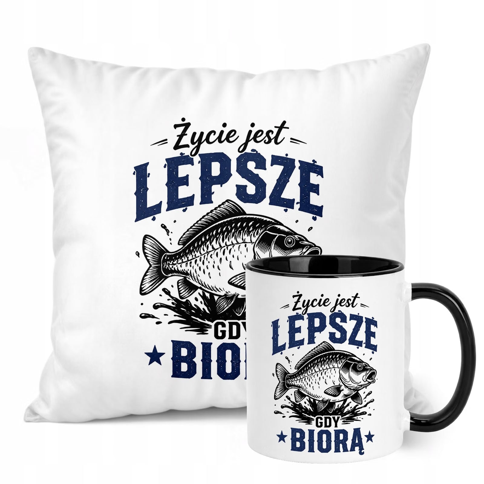 Zestaw Kubek Czarny Poduszka Z Nadrukiem Dla Wędkarza Prezent