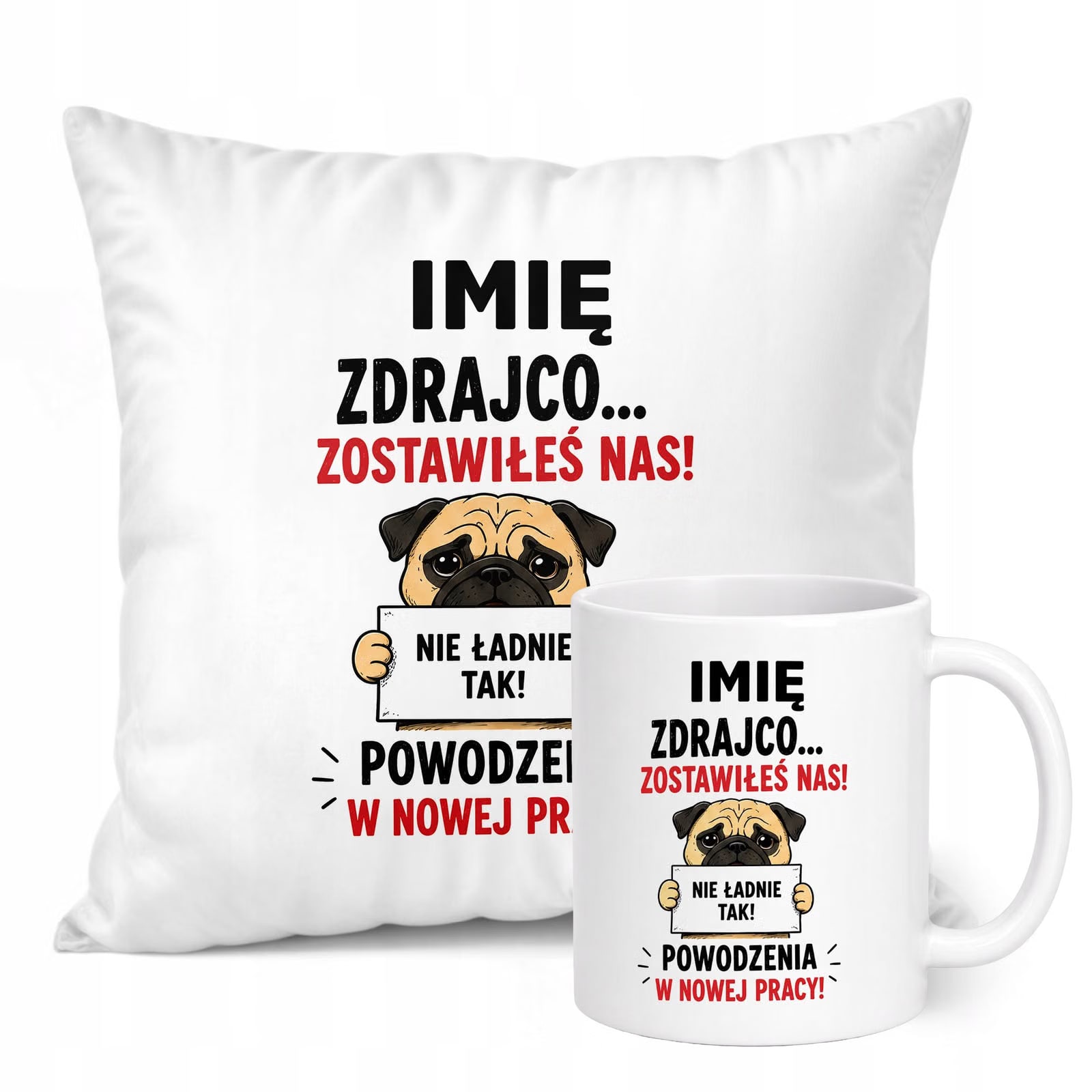 Zestaw Personalizowany Kubek Biały Poduszka Odejście z Pracy Prezent