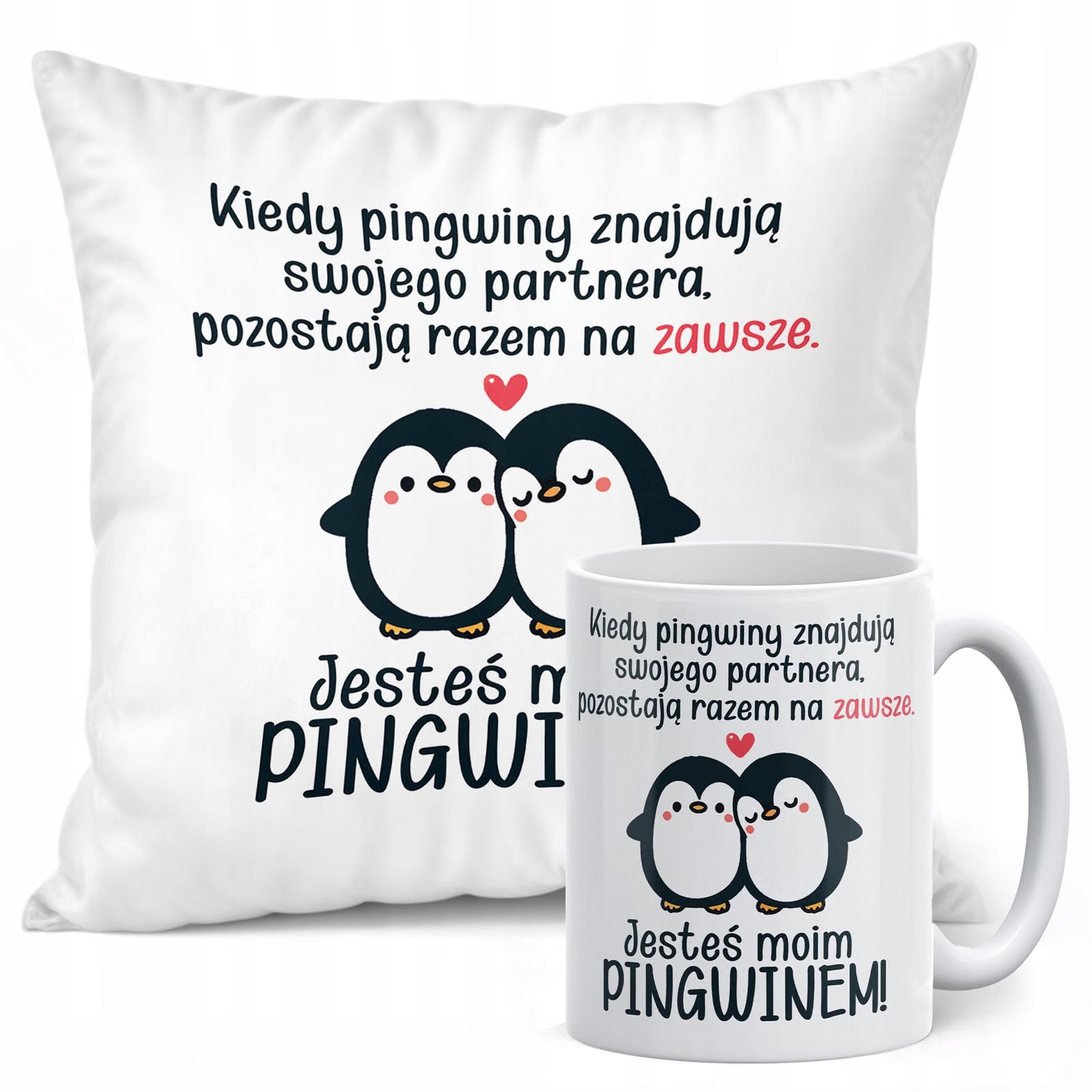 Zestaw Kubek + Poduszka 38x38 cm Walentynki Jesteś Moim Pingwinem Prezent
