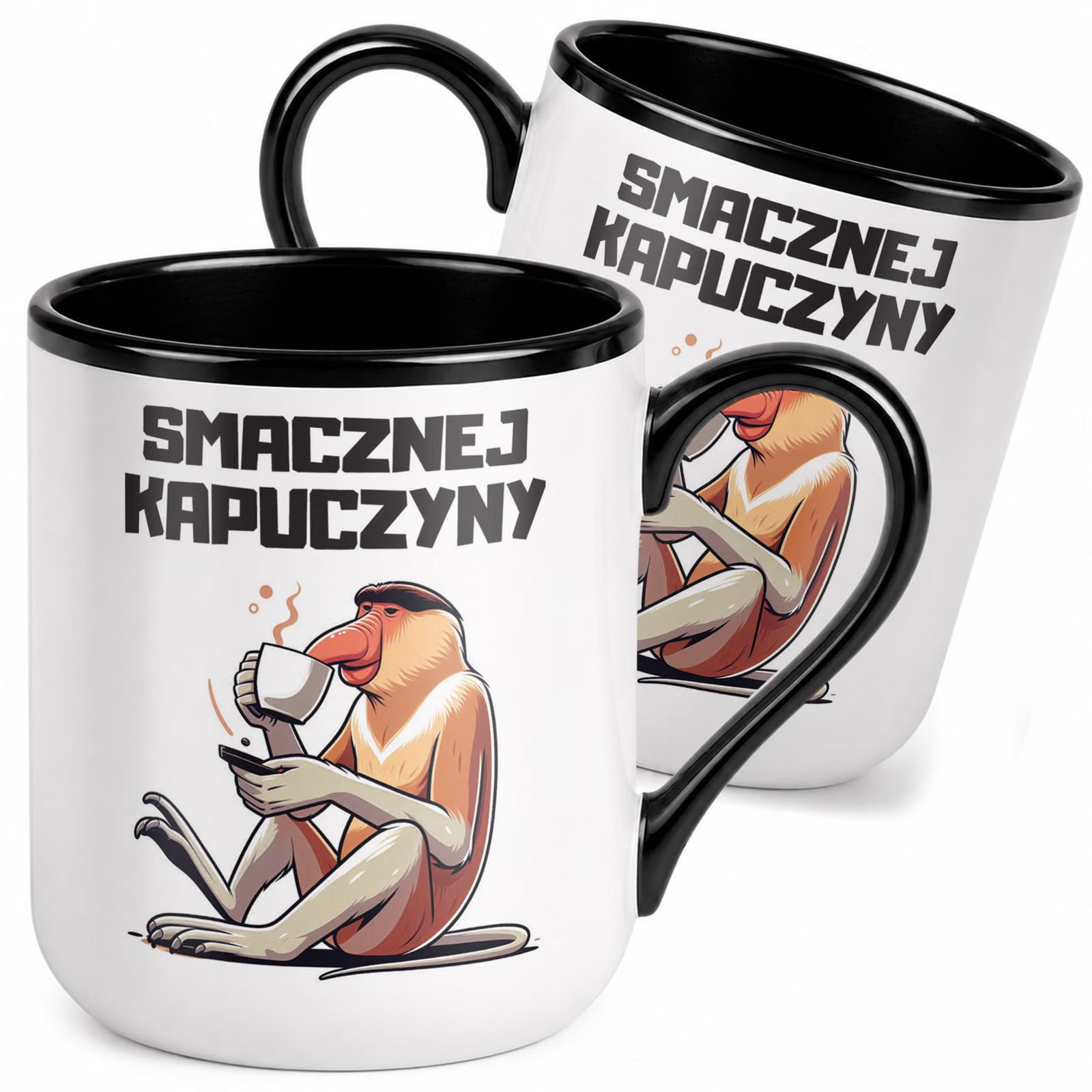 Kubek z nadrukiem Premium Czarny Janusz Nosacz Smacznej Kapuczyny Prezent