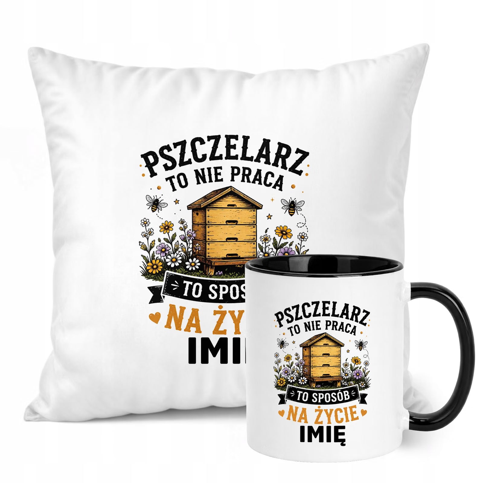 Zestaw Personalizowany Kubek Czarny Poduszka Z Nadrukiem Dla Pszczelarza