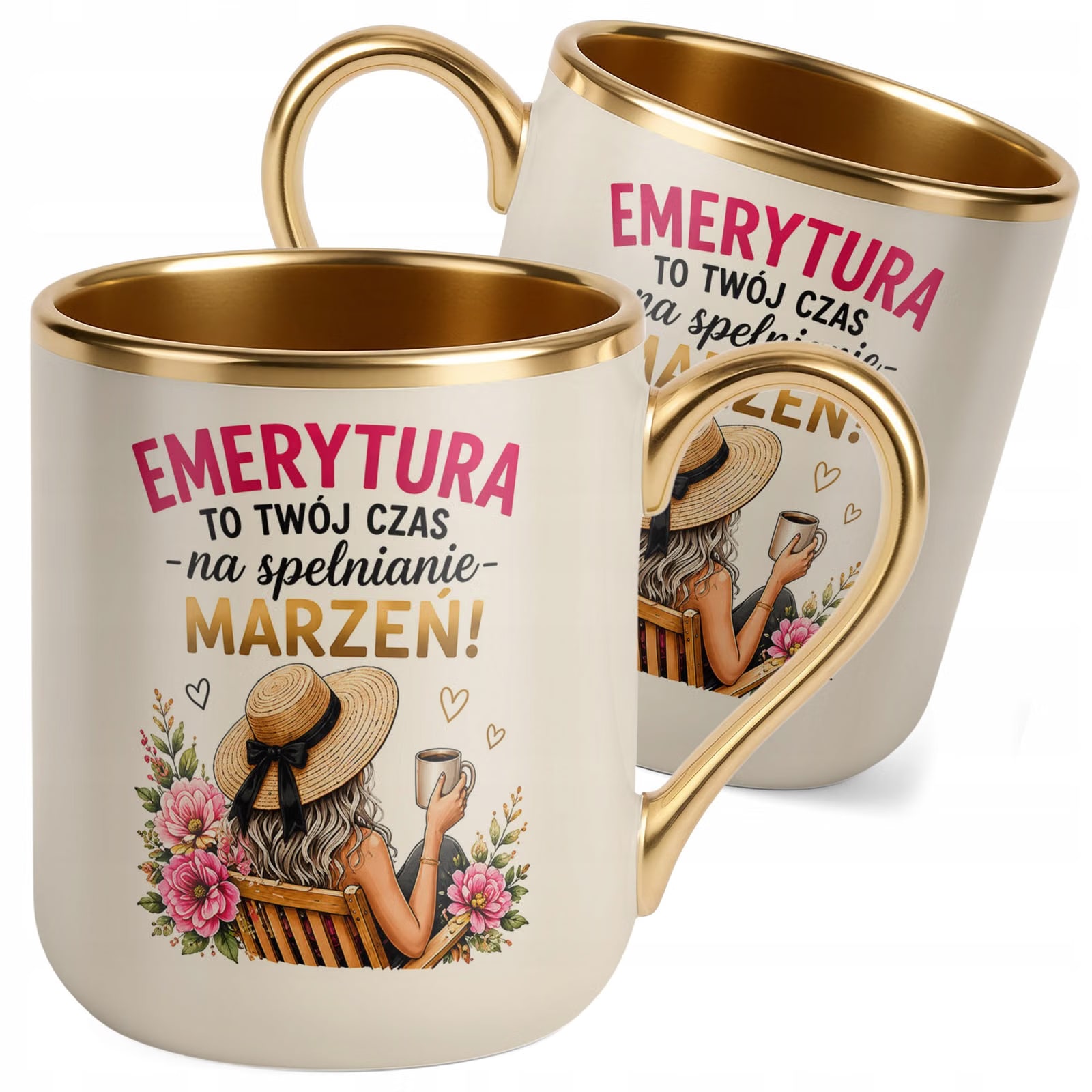 Kubek z nadrukiem Premium Złoty Ecru Emerytura Dla Emerytki Prezent