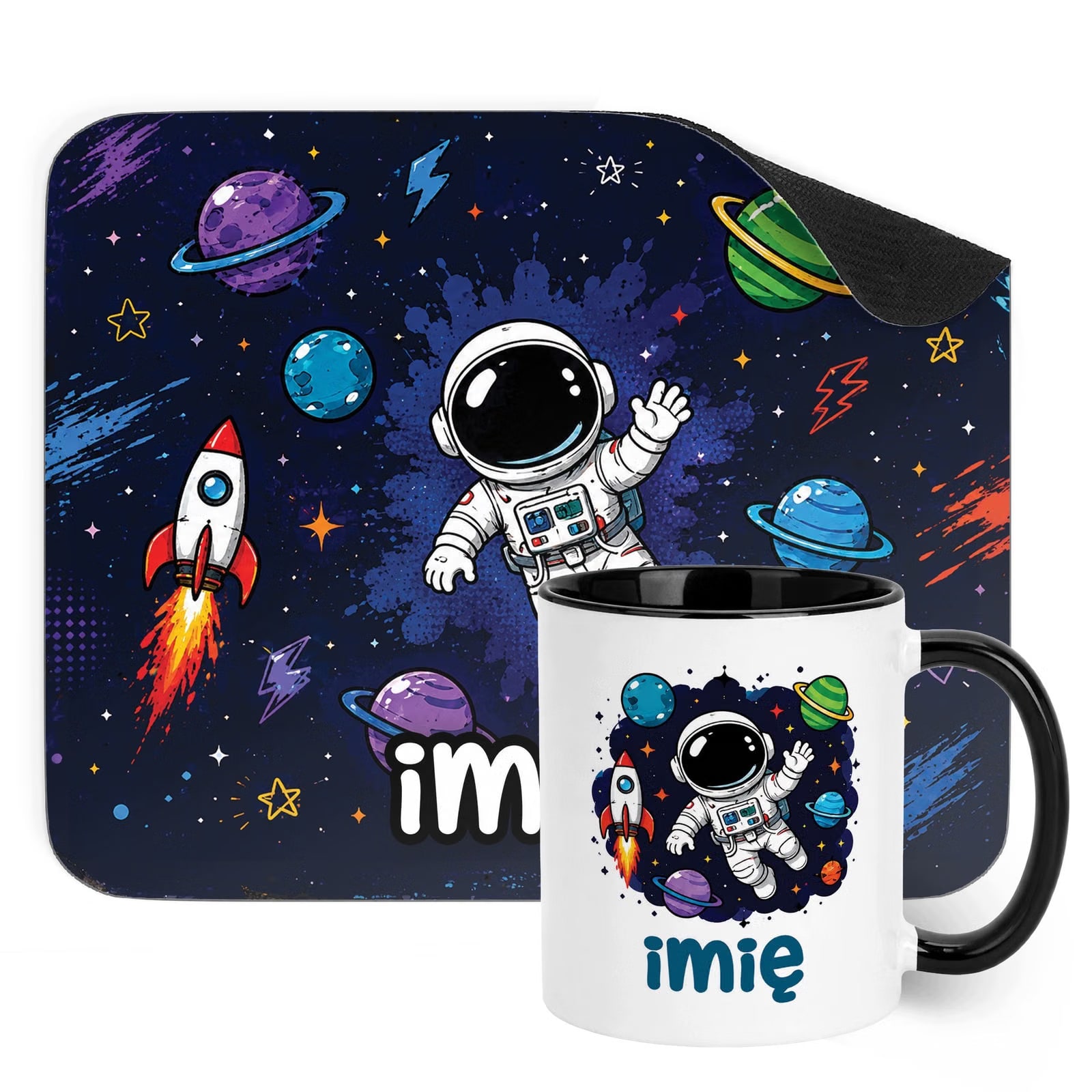 Zestaw personalizowany Kubek Czarny Podkładka pod mysz Astronauta