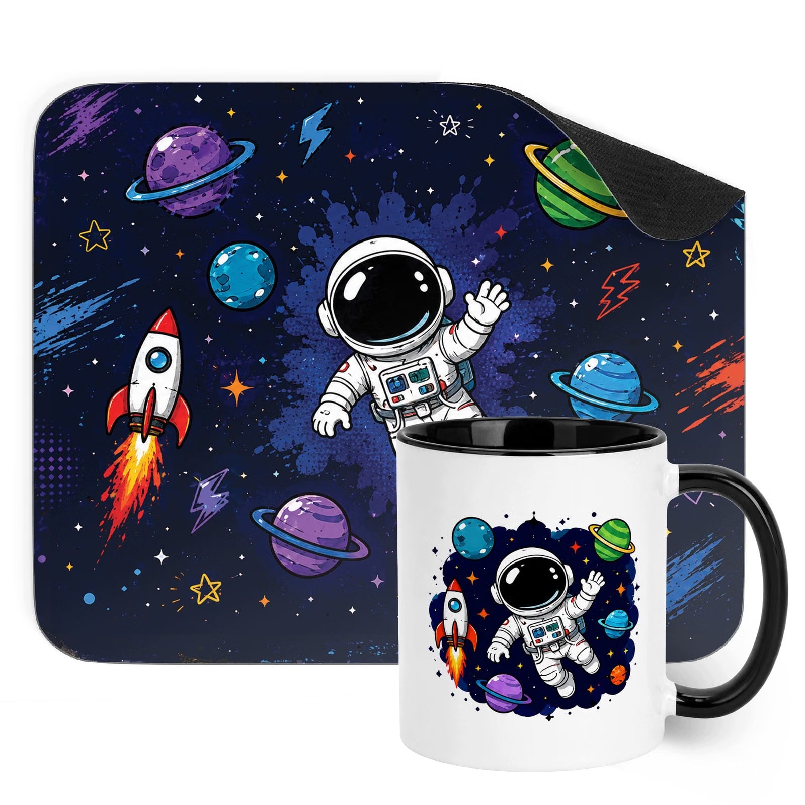 Zestaw Kubek Czarny Podkładka pod mysz z nadrukiem Astronauta