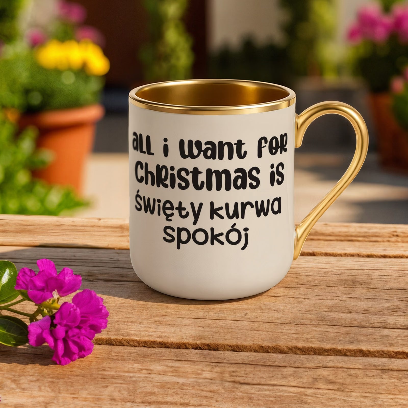 Kubek Premium Złoty Ecru Boże Narodzenie All I Want For Christmas Prezent