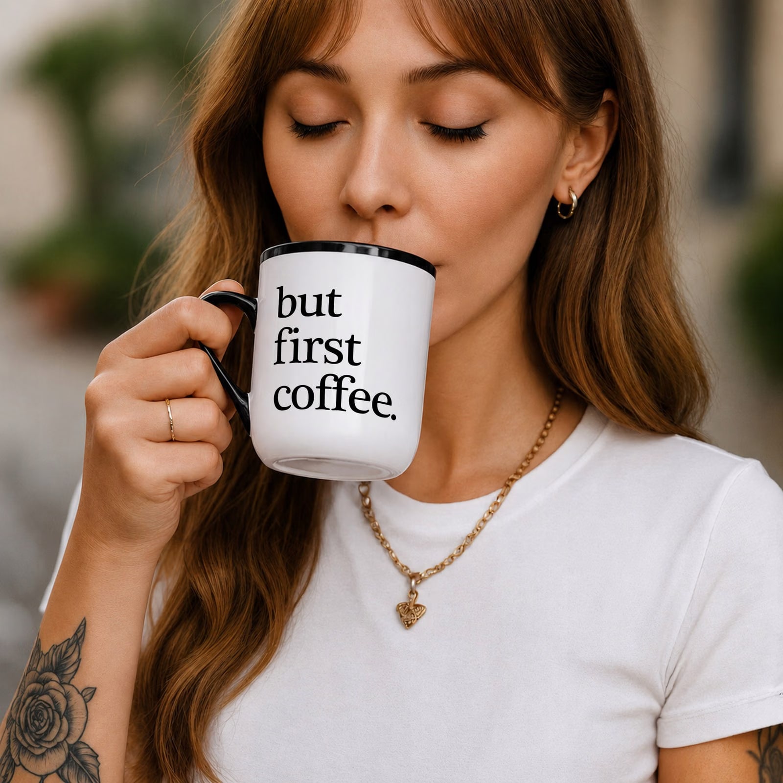 Kubek z nadrukiem Premium Czarny But First Coffee Dla Fana Kawy Prezent
