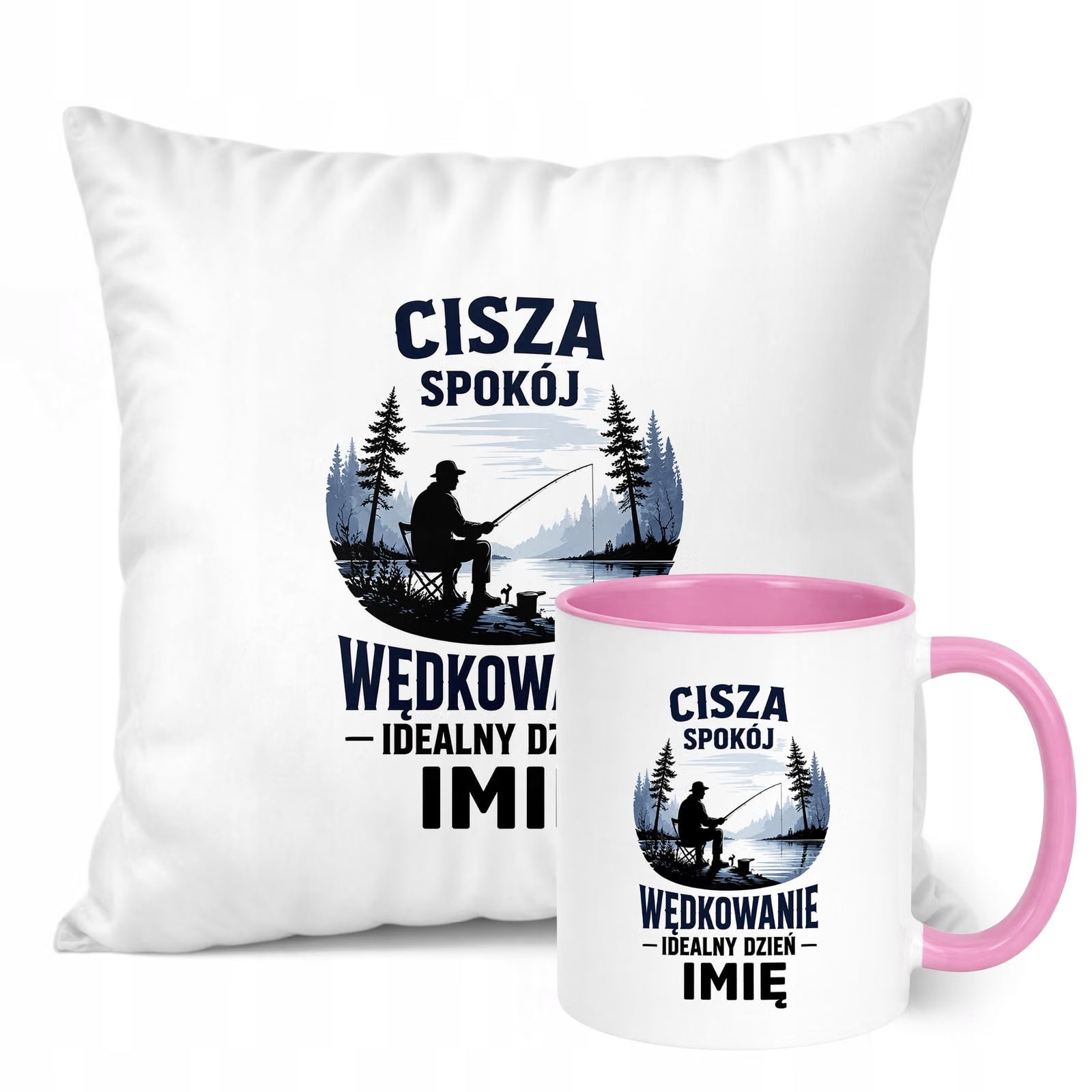 Zestaw Personalizowany Kubek Różowy Poduszka Z Nadrukiem Dla Wędkarza