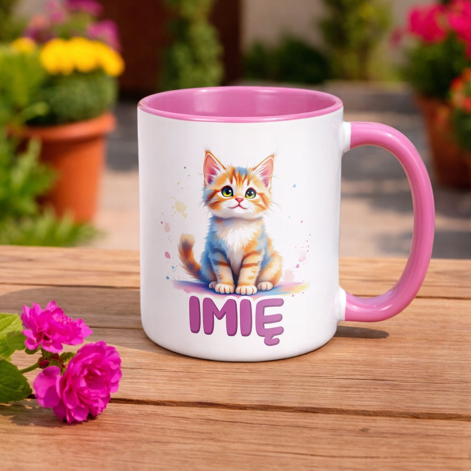 Kubek Różowy Personalizowany Kot Kotek Zwierzak Słodki Dla Dzieci