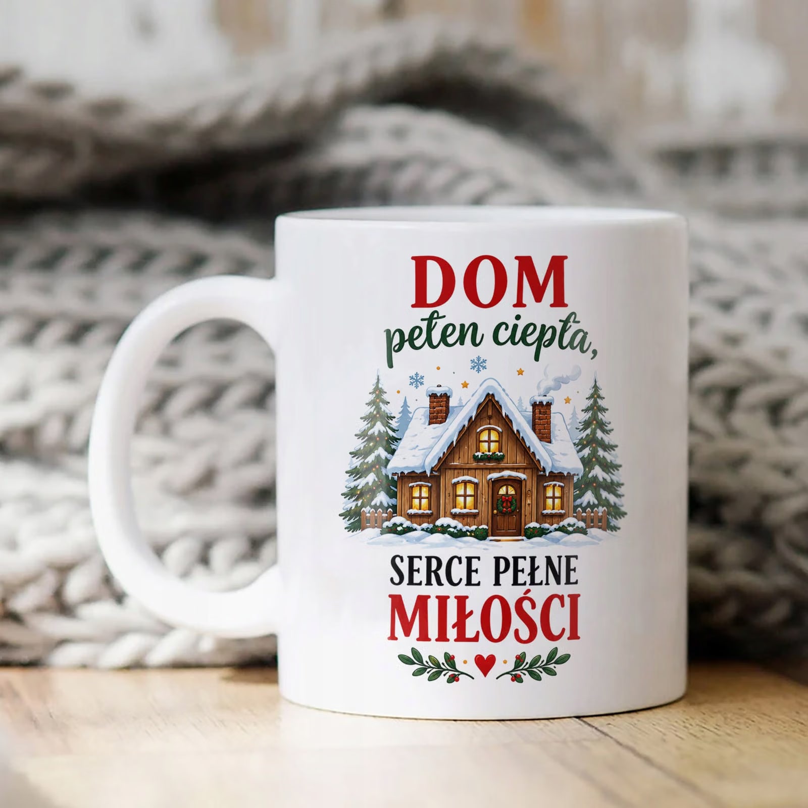 Kubek Biały z Nadrukiem Boże Narodzenie Mikołajki Świąteczna Chatka Prezent