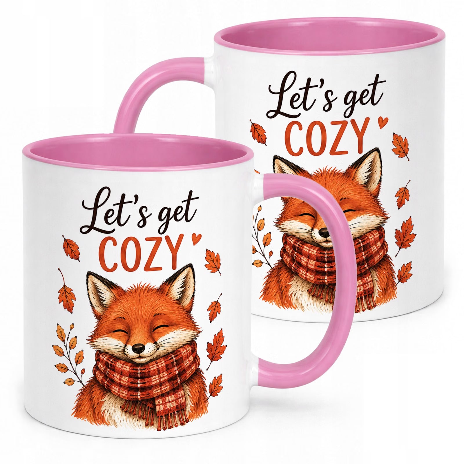 Różowy Kubek z nadrukiem Jesienny Jesień Lis Let’s get cozy Prezent